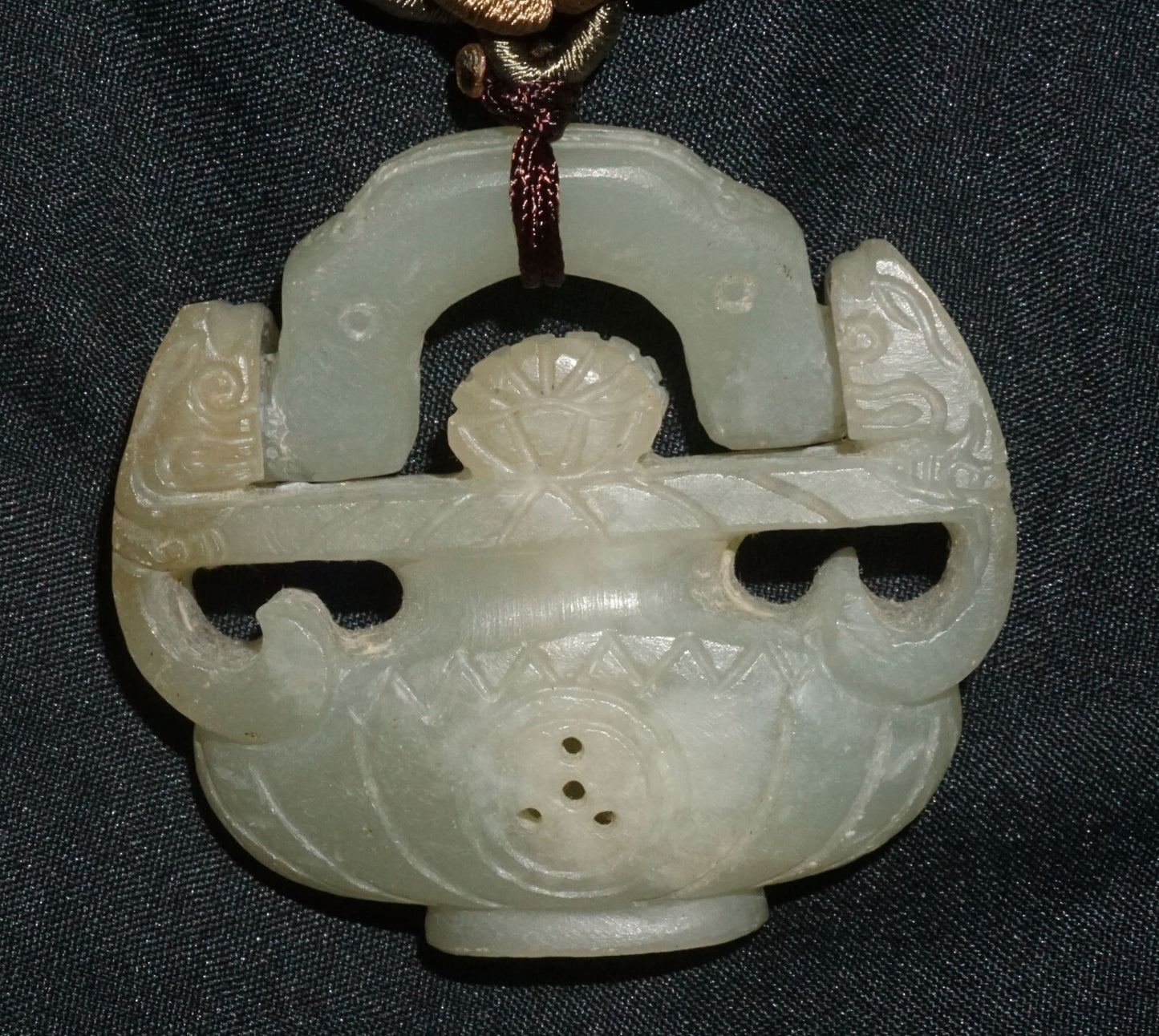 Vintage Chinese Nephrite Jade Flower Vase w. Hinged Handle Motif Pendant  (---)