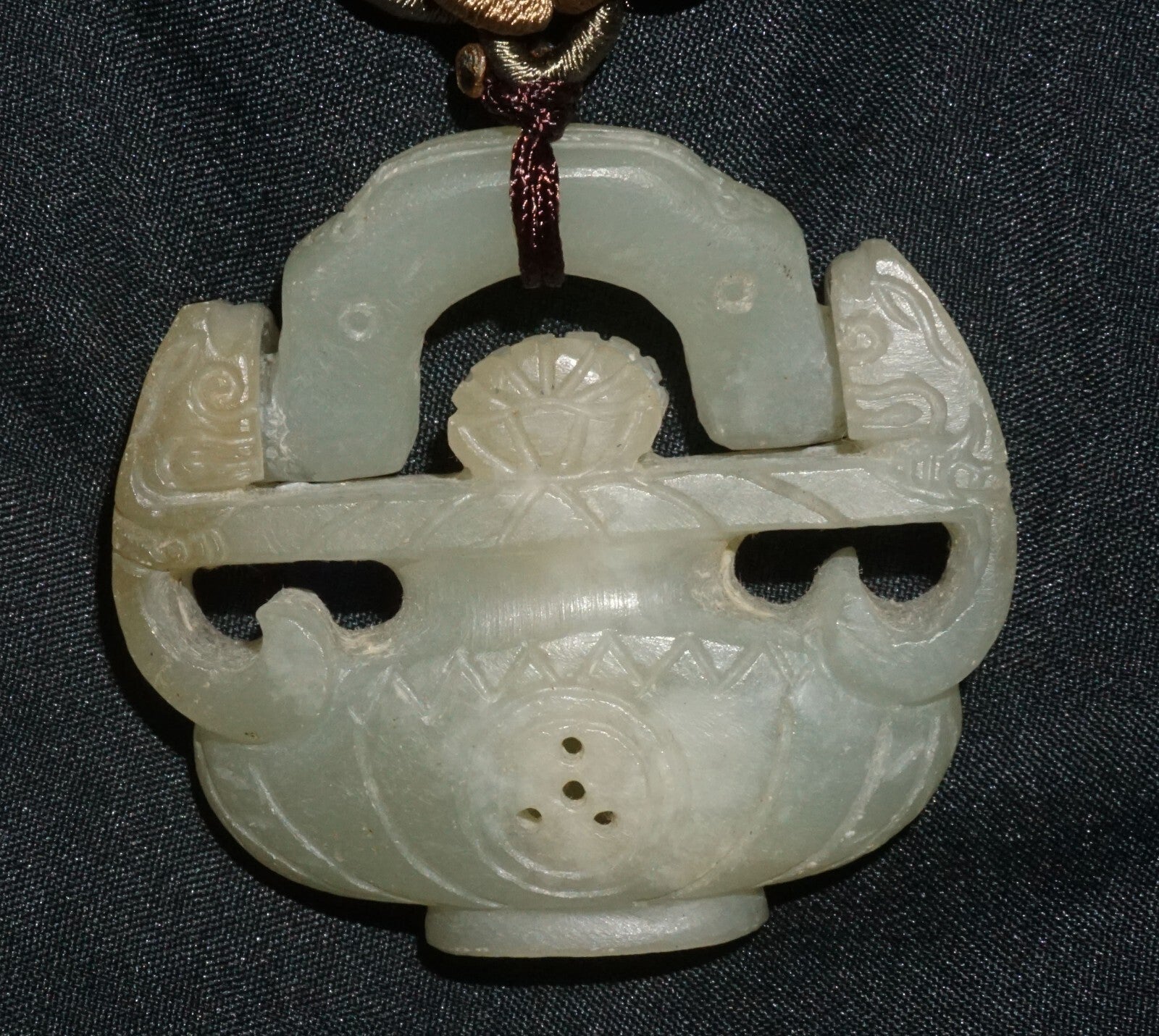 Vintage Chinese Nephrite Jade Flower Vase w. Hinged Handle Motif Pendant  (---)
