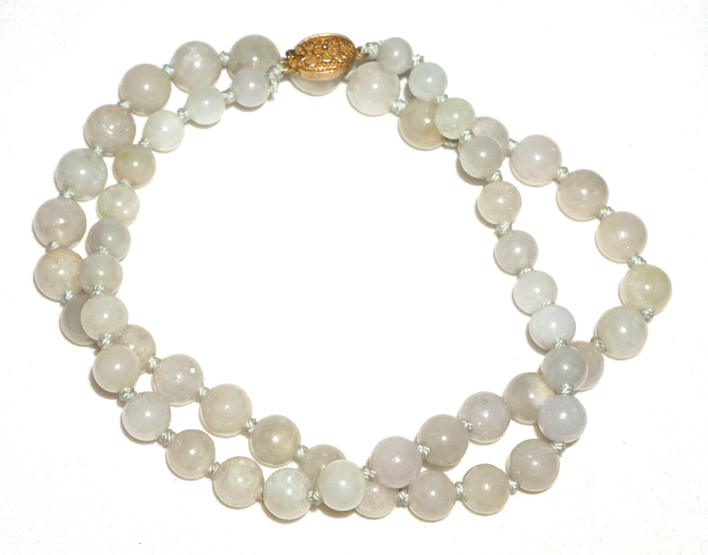 Vintage Chinese Grey Green Jadeite Jade Bead Necklace w. Silver Clasp  (---)#3