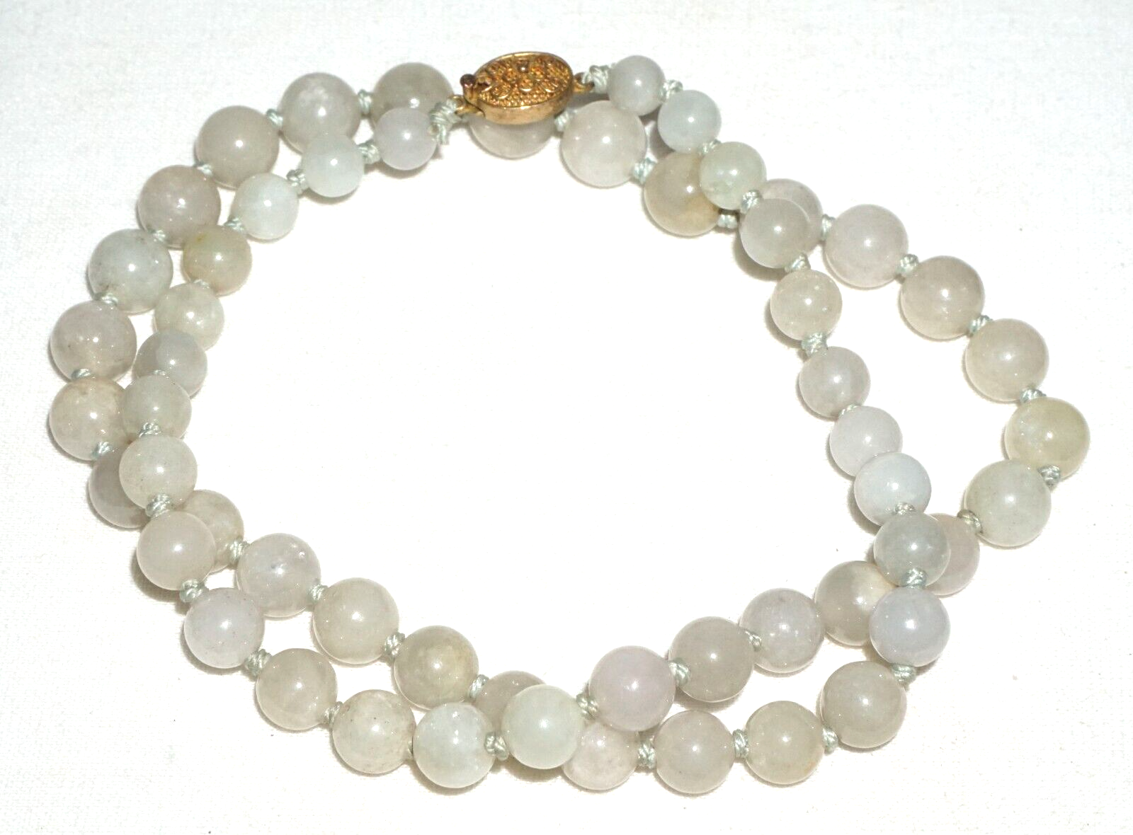 Vintage Chinese Grey Green Jadeite Jade Bead Necklace w. Silver Clasp  (---)#3