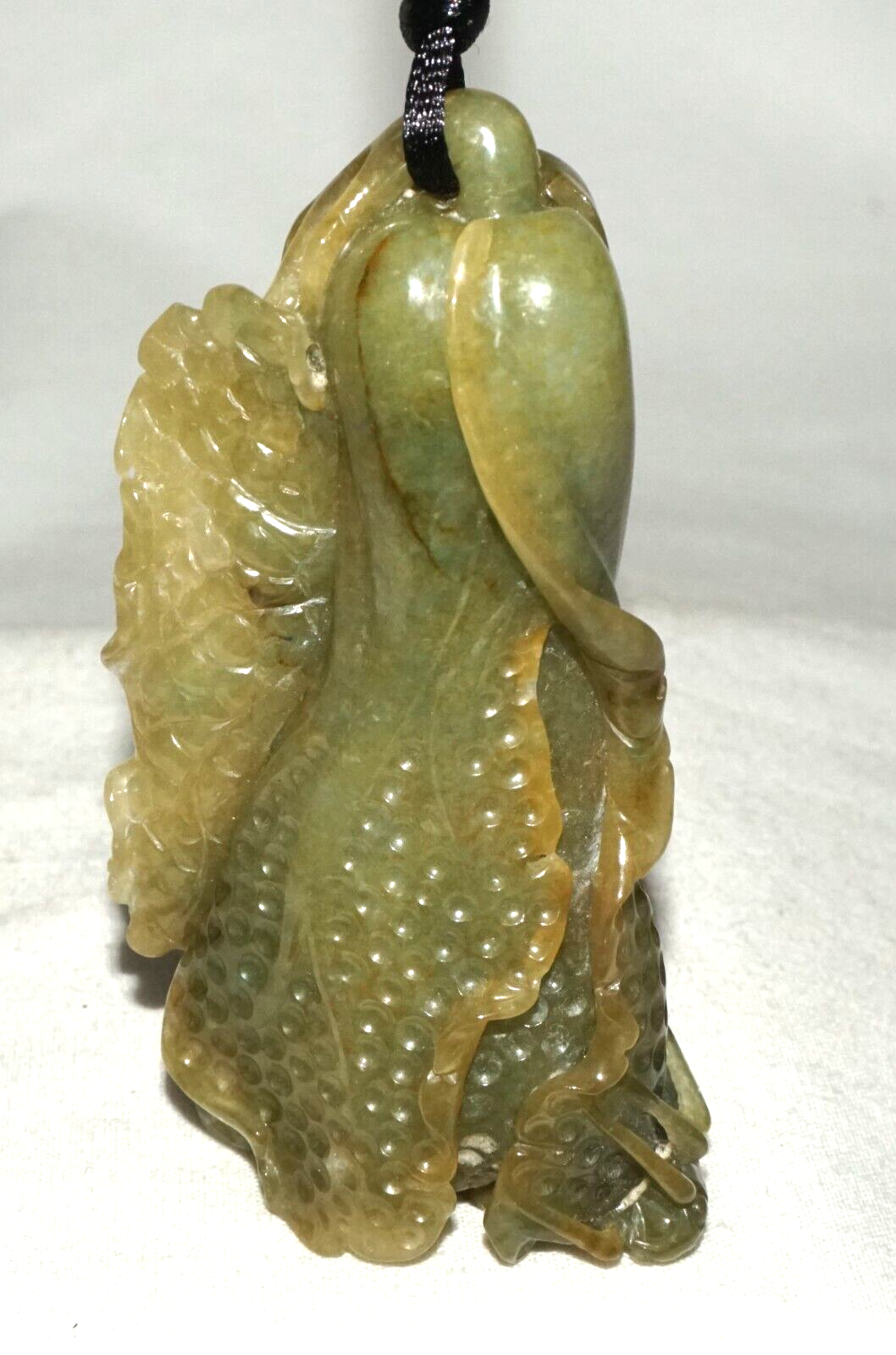 Vintage Chinese Green Jade Cabbage & Bug Motif Large Carved Pendant  (LeS)L20