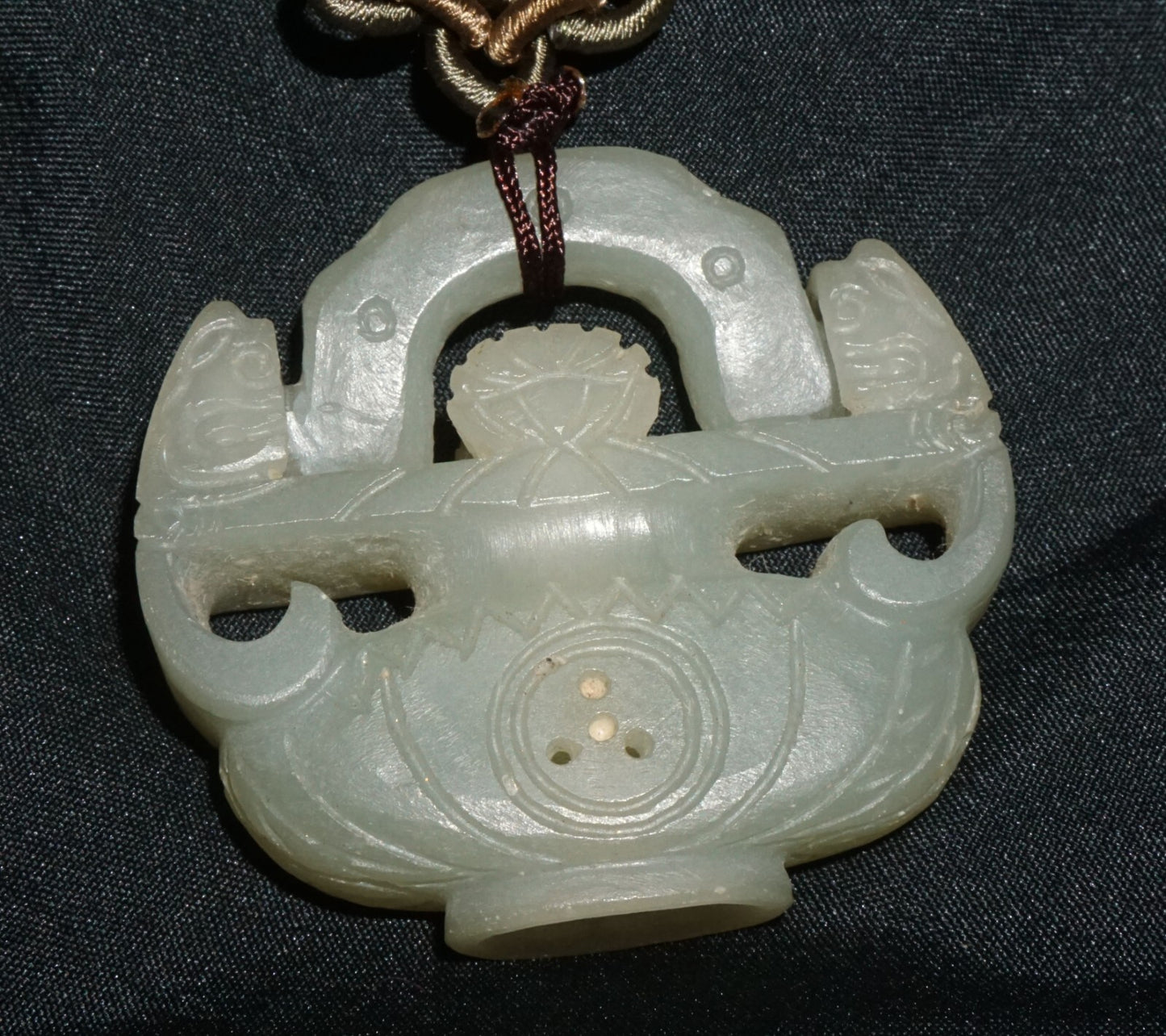 Vintage Chinese Nephrite Jade Flower Vase w. Hinged Handle Motif Pendant  (---)