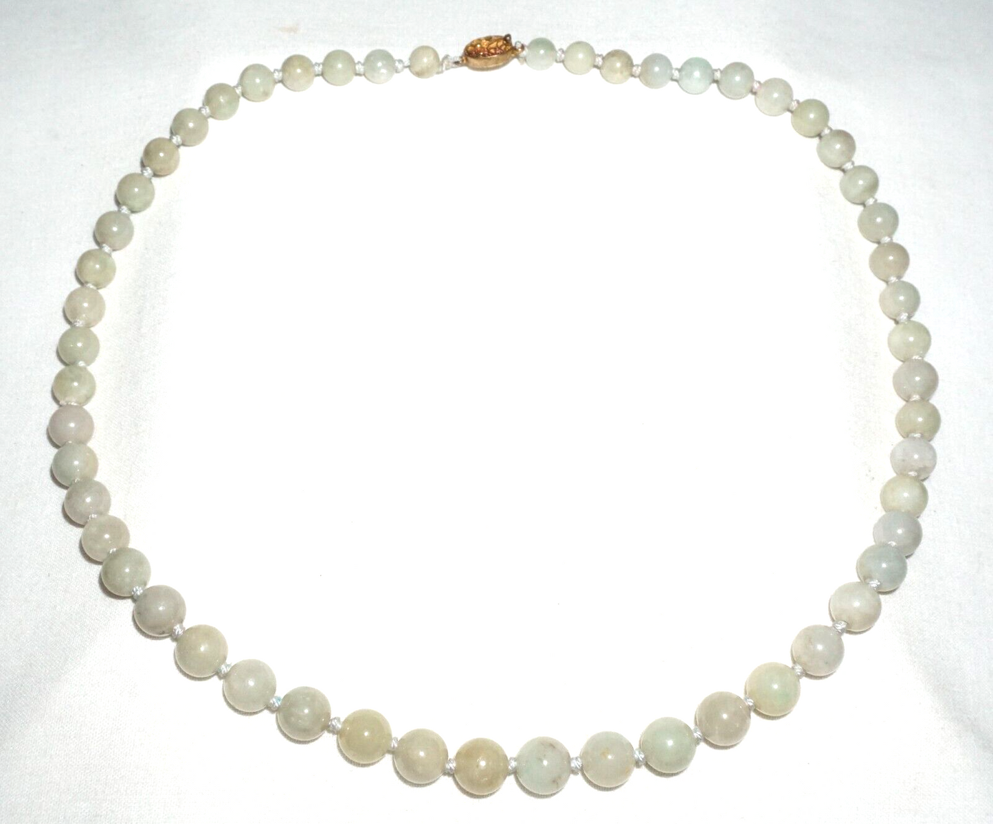 Vintage Chinese Grey Green Jadeite Jade Bead Necklace w. Gold Pl. Silver Clasp#2