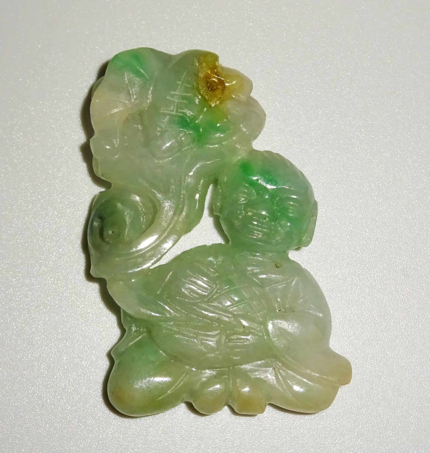 Vintage Chinese Mottled Green Jadeite Jade Carving Boy Lingzhi & Bat  (LuD)