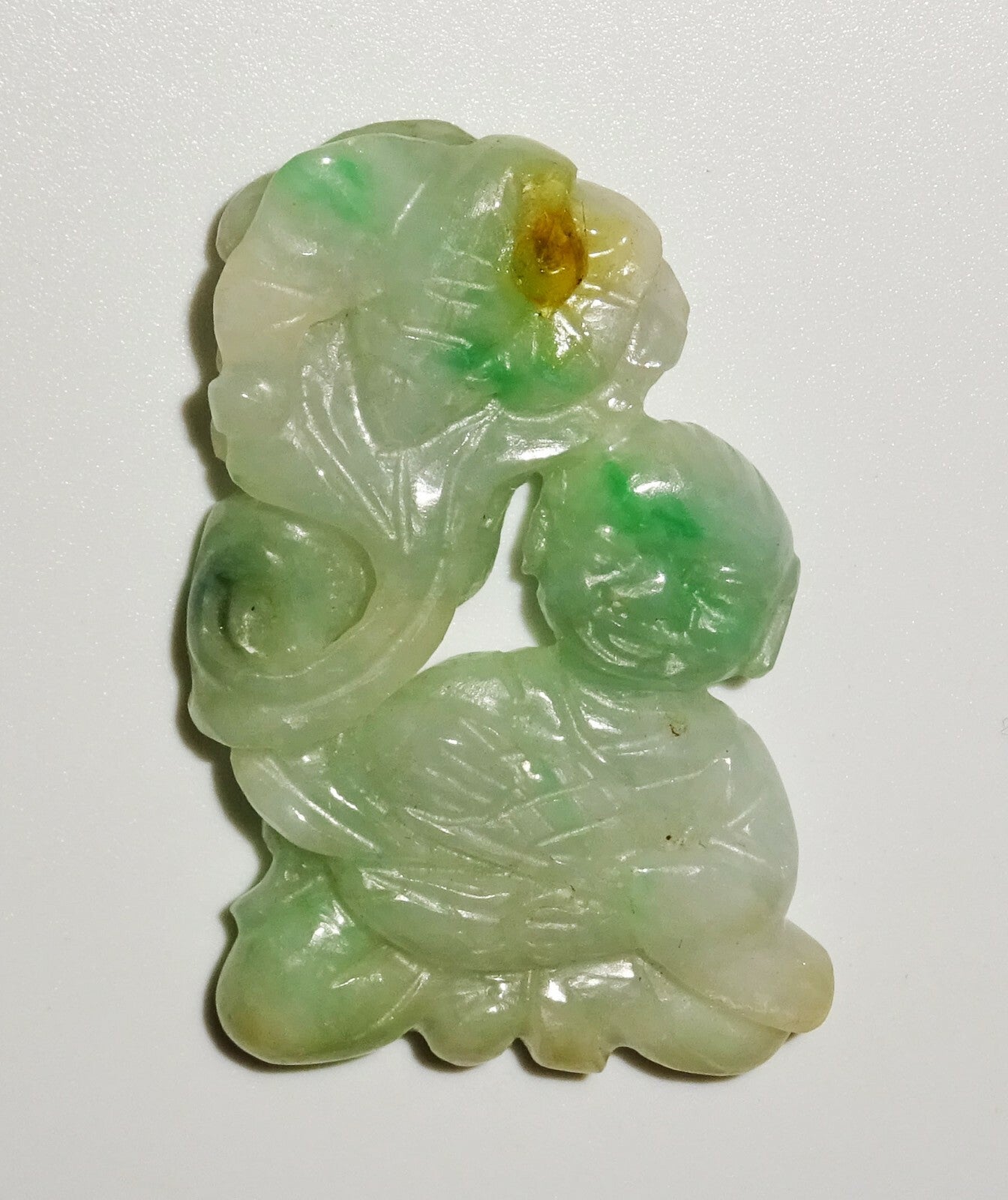 Vintage Chinese Mottled Green Jadeite Jade Carving Boy Lingzhi & Bat  (LuD)