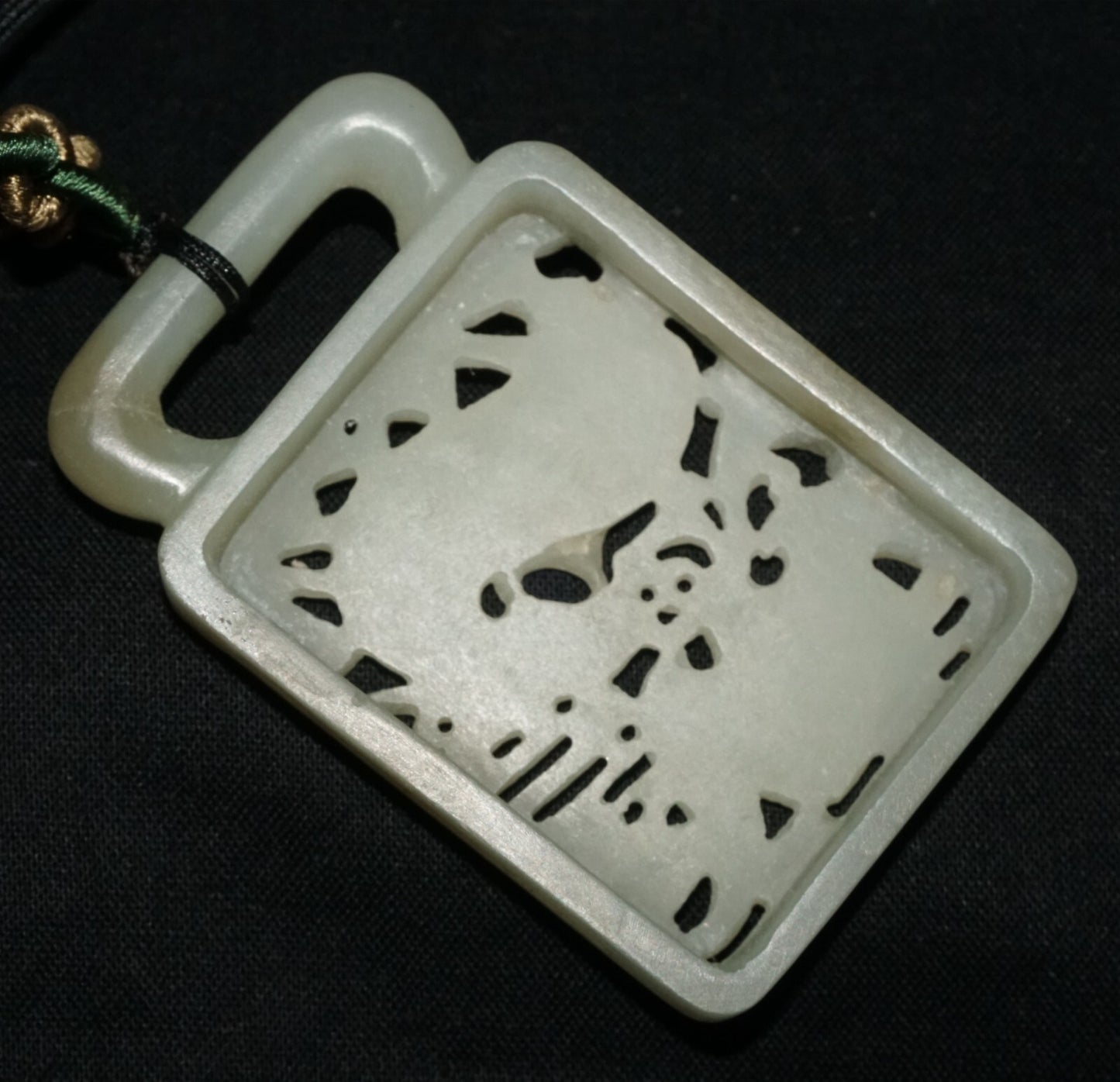 18C Chinese Grey Green Nephrite Jade Pierced Belt Buckle Deer & Bat (LeS)L23