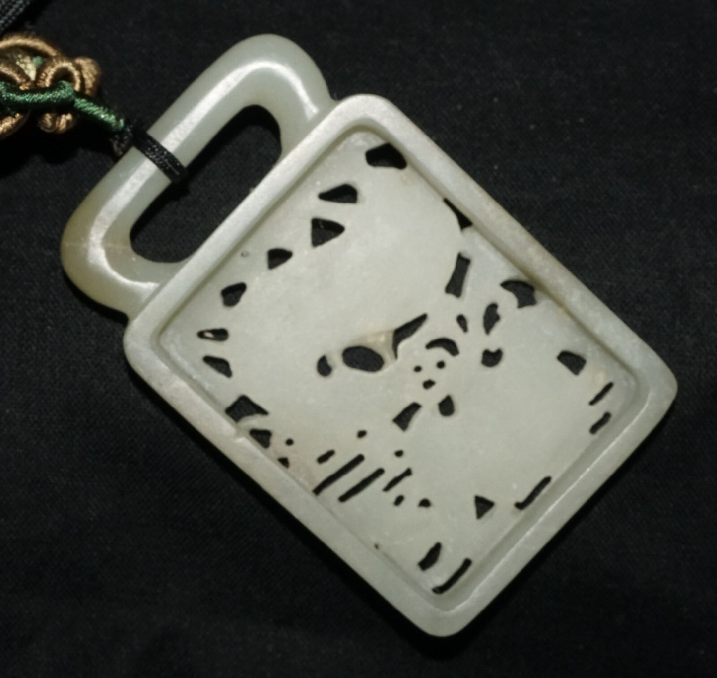 18C Chinese Grey Green Nephrite Jade Pierced Belt Buckle Deer & Bat (LeS)L23