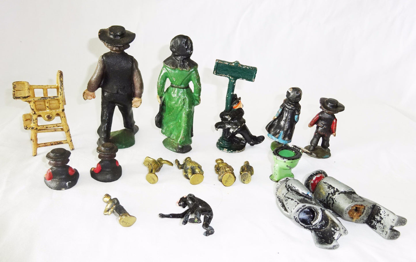 17x Antique Enameled Lead + Brass Figures & Furniture (Mal)
