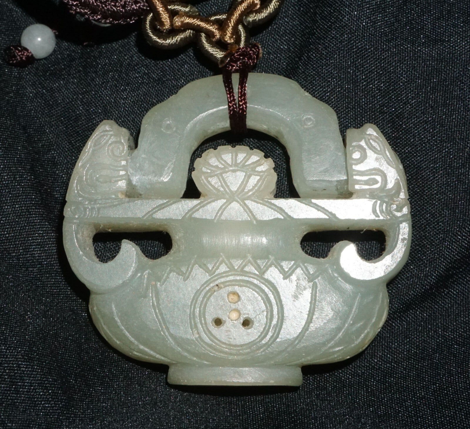 Vintage Chinese Nephrite Jade Flower Vase w. Hinged Handle Motif Pendant  (---)