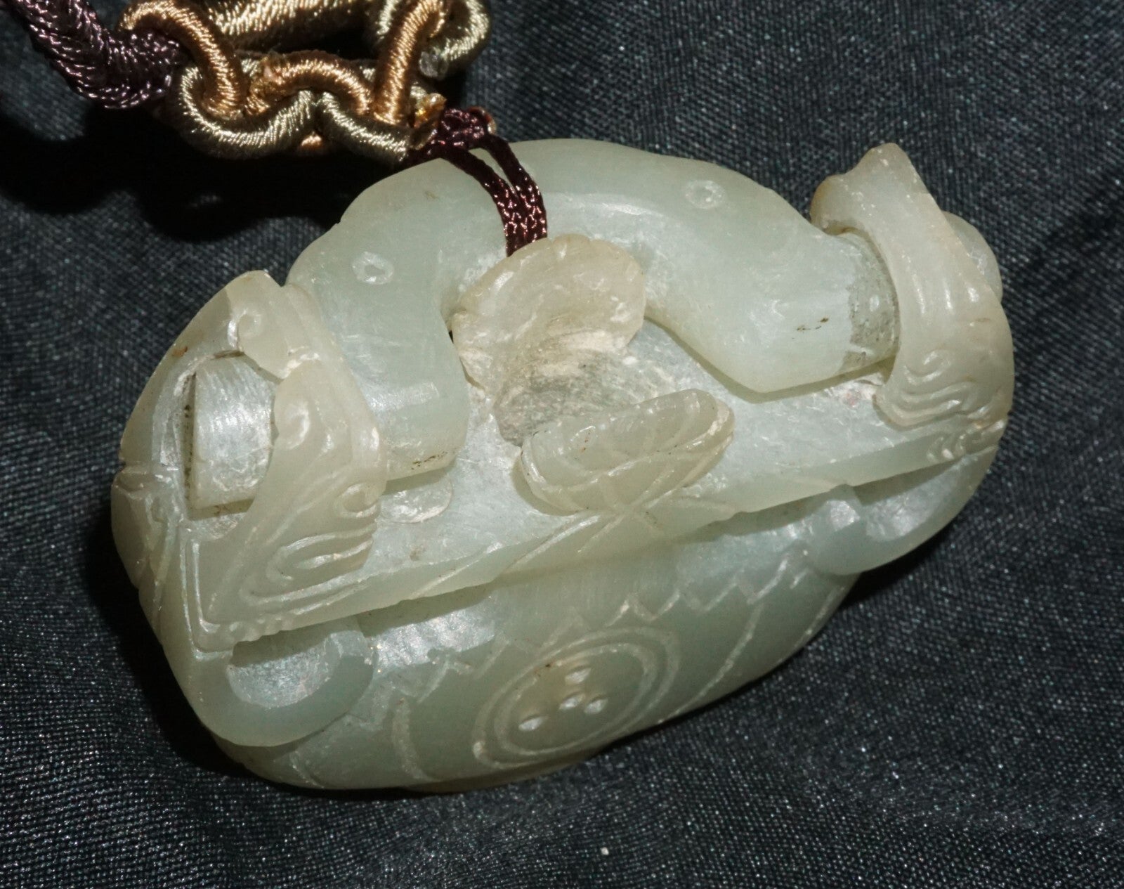 Vintage Chinese Nephrite Jade Flower Vase w. Hinged Handle Motif Pendant  (---)