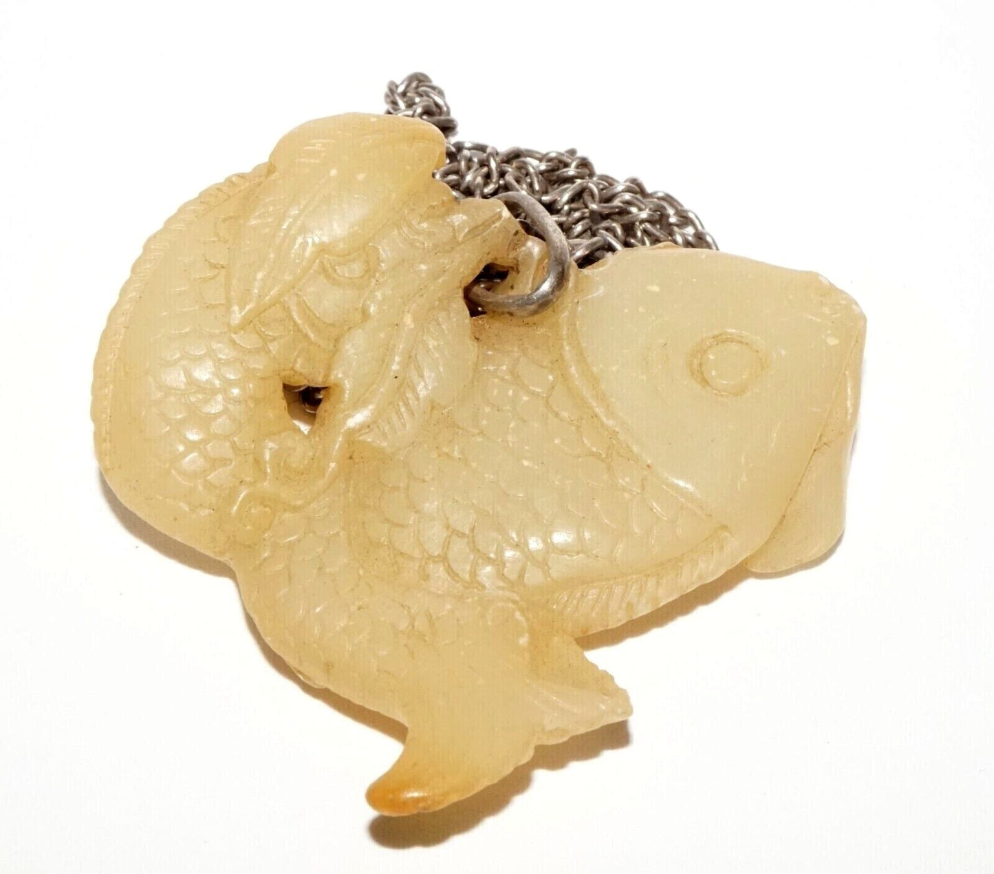 Vintage Chinese Yellow Jade Double Carp Motif Pendant w. Silver Chain (LeS) G9