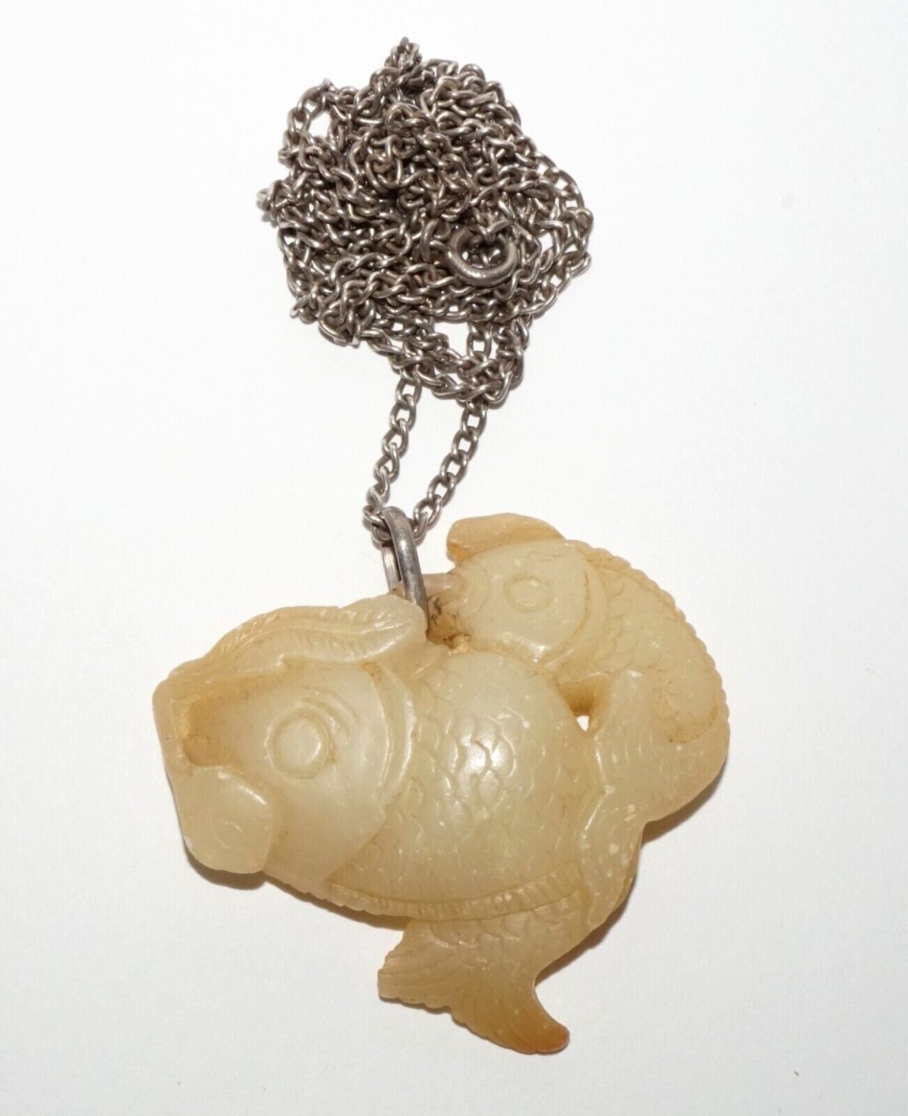 Vintage Chinese Yellow Jade Double Carp Motif Pendant w. Silver Chain (LeS) G9