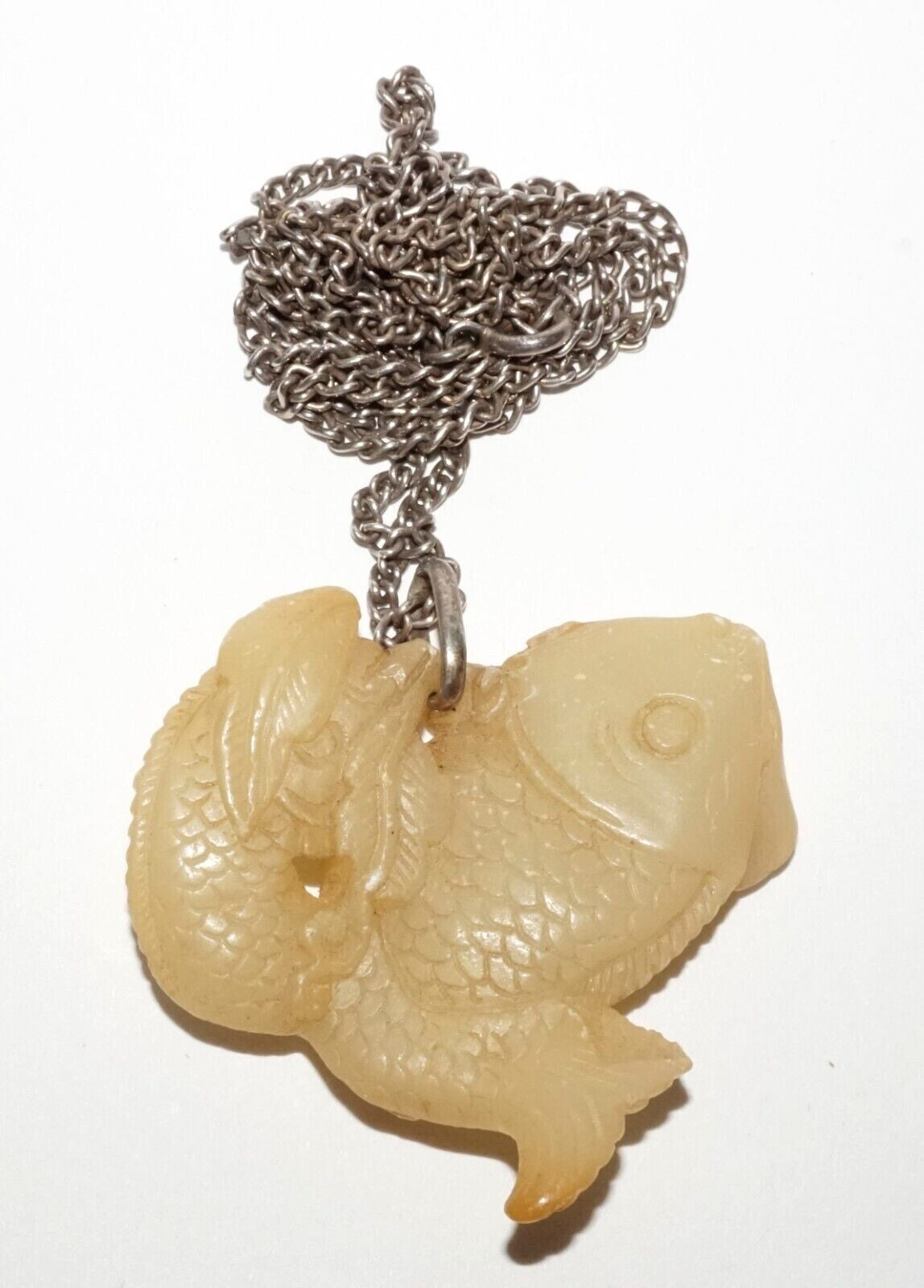 Vintage Chinese Yellow Jade Double Carp Motif Pendant w. Silver Chain (LeS) G9