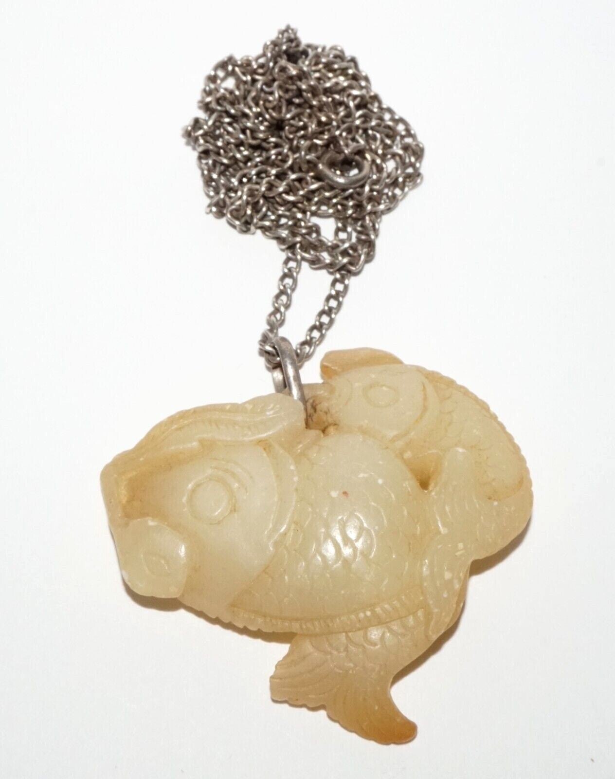 Vintage Chinese Yellow Jade Double Carp Motif Pendant w. Silver Chain (LeS) G9
