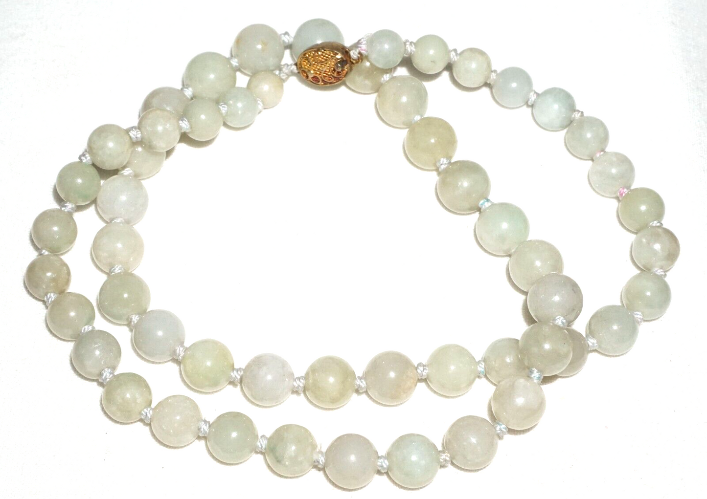 Vintage Chinese Grey Green Jadeite Jade Bead Necklace w. Gold Pl. Silver Clasp#2