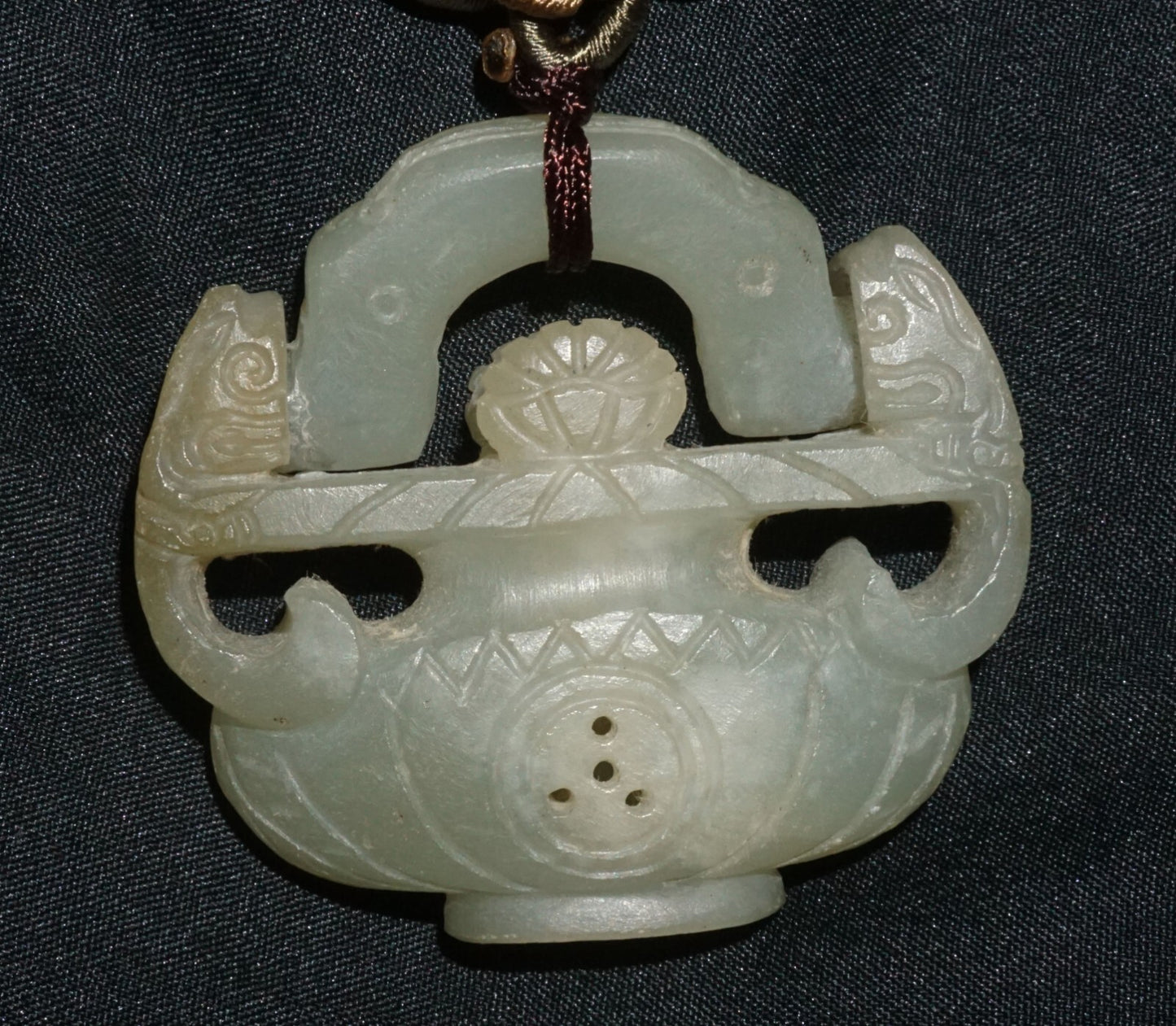 Vintage Chinese Nephrite Jade Flower Vase w. Hinged Handle Motif Pendant  (---)