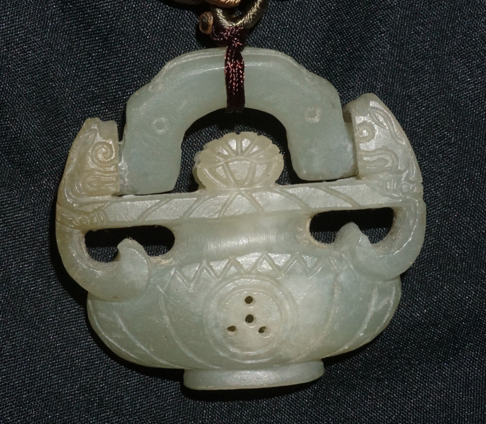 Vintage Chinese Nephrite Jade Flower Vase w. Hinged Handle Motif Pendant  (---)