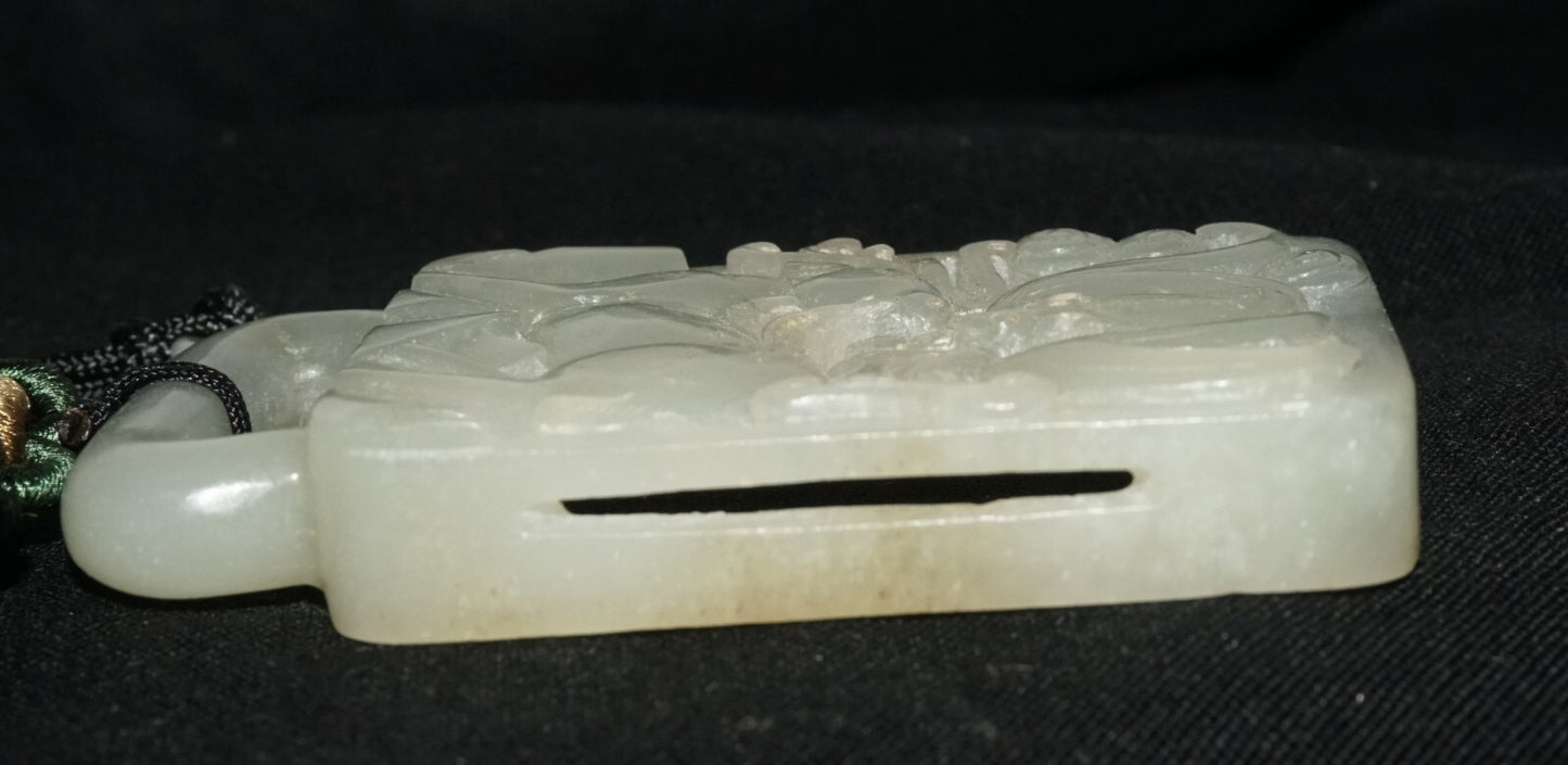 18C Chinese Grey Green Nephrite Jade Pierced Belt Buckle Deer & Bat (LeS)L23