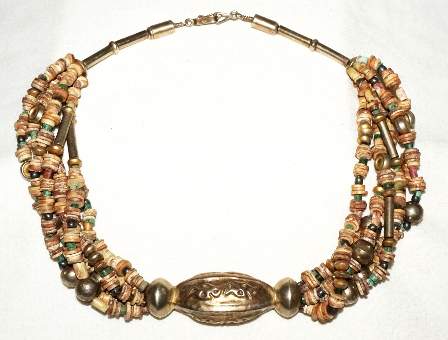 12C Peru Chimu Excavated Shell & Stone Bead Necklace w. Silver Clasp (DaJ)