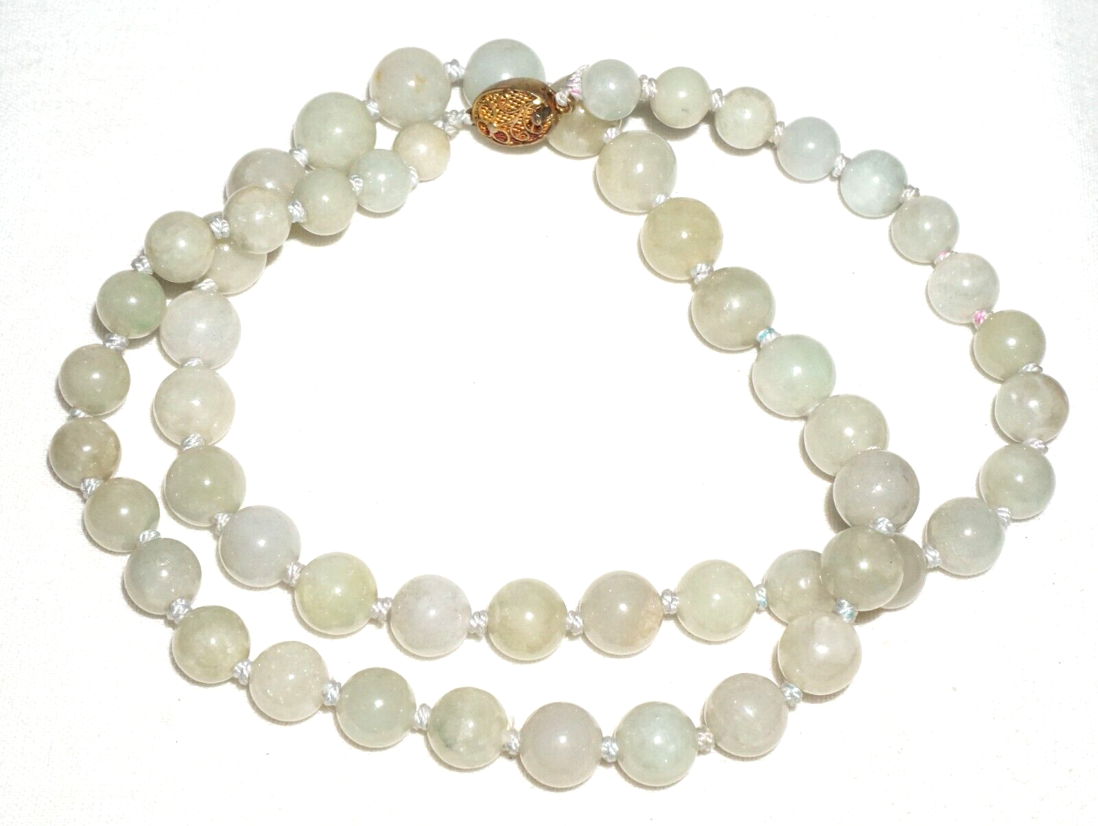 Vintage Chinese Grey Green Jadeite Jade Bead Necklace w. Gold Pl. Silver Clasp#2