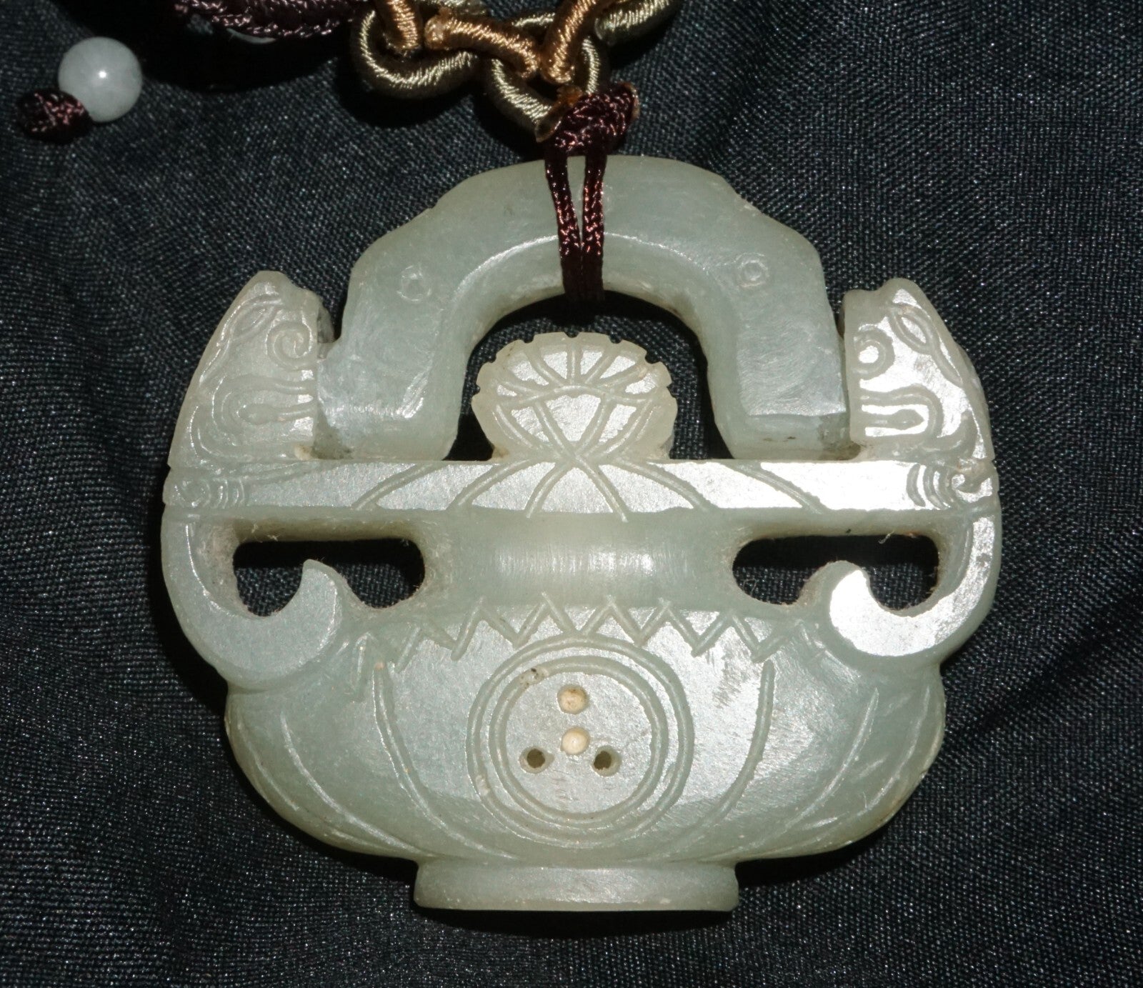 Vintage Chinese Nephrite Jade Flower Vase w. Hinged Handle Motif Pendant  (---)