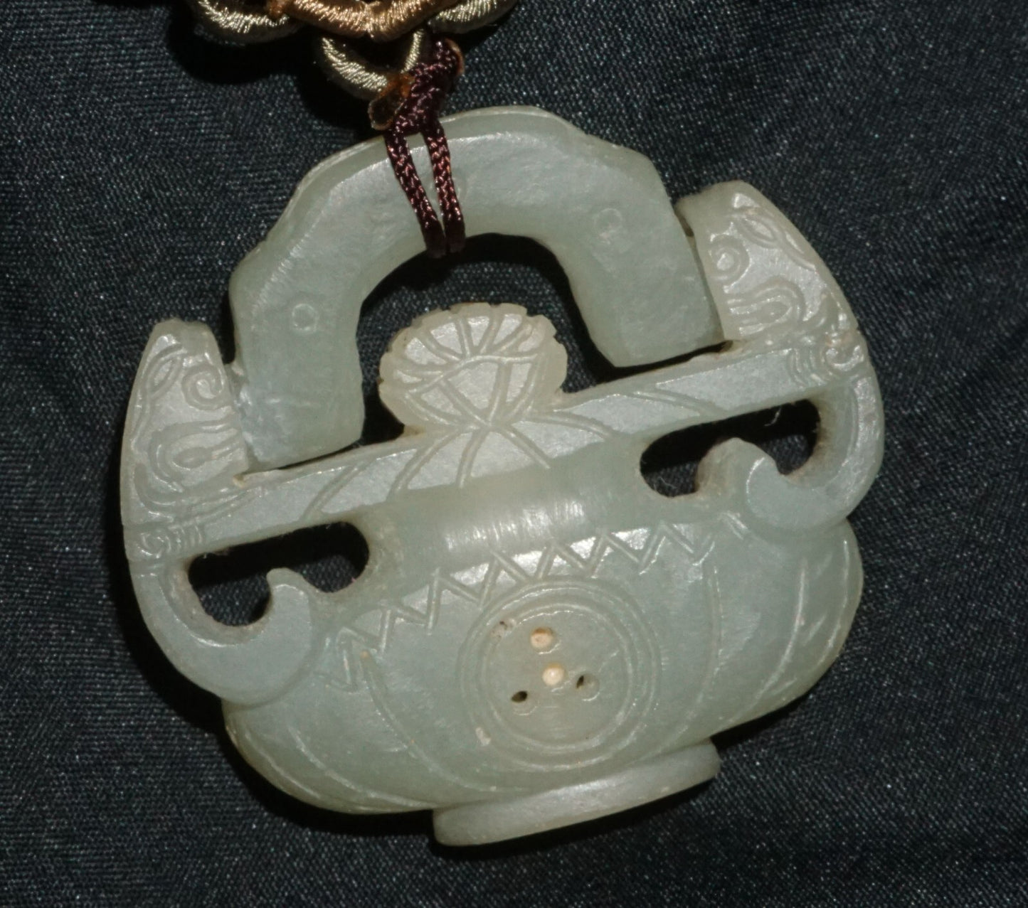 Vintage Chinese Nephrite Jade Flower Vase w. Hinged Handle Motif Pendant  (---)