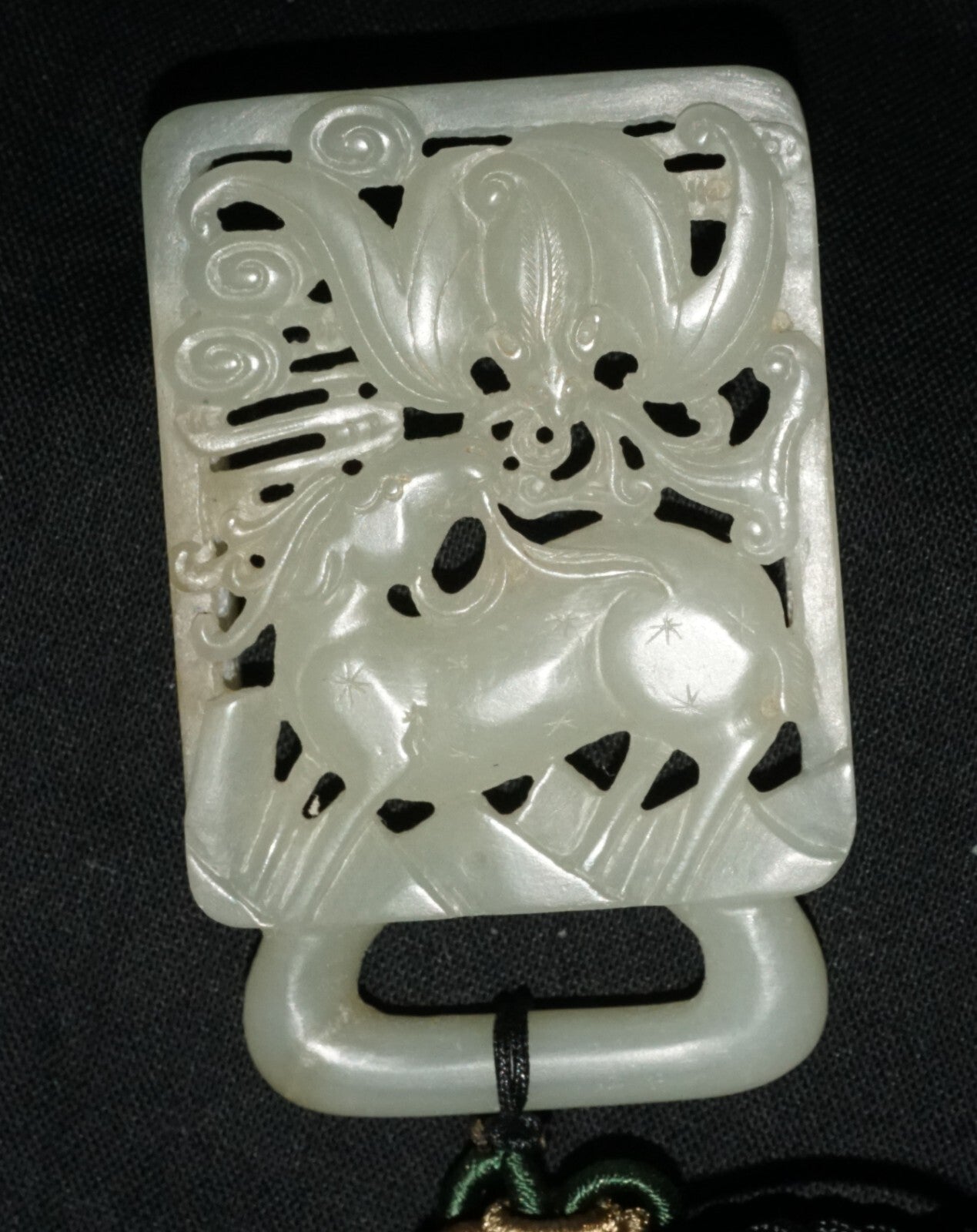 18C Chinese Grey Green Nephrite Jade Pierced Belt Buckle Deer & Bat (LeS)L23