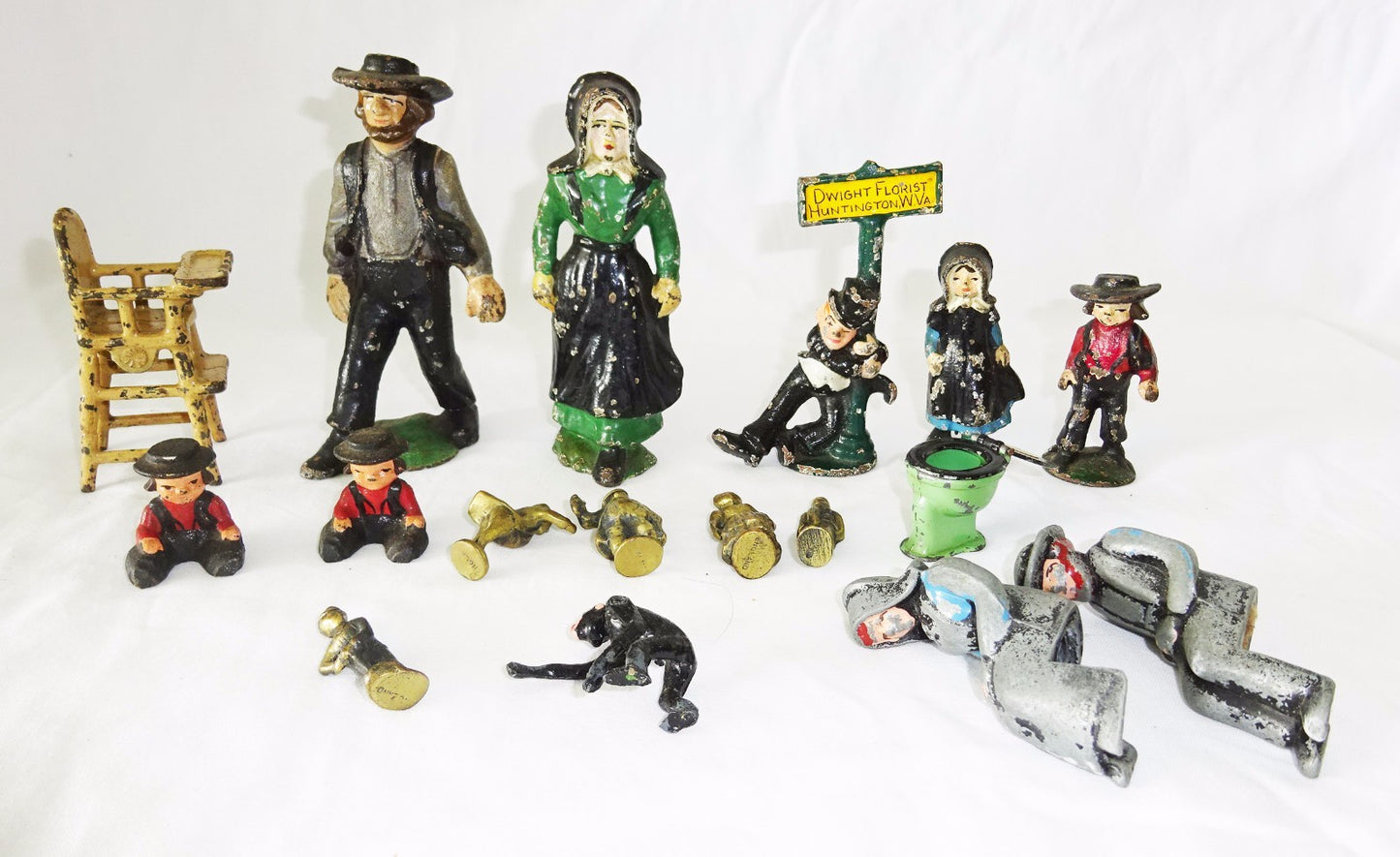 17x Antique Enameled Lead + Brass Figures & Furniture (Mal)