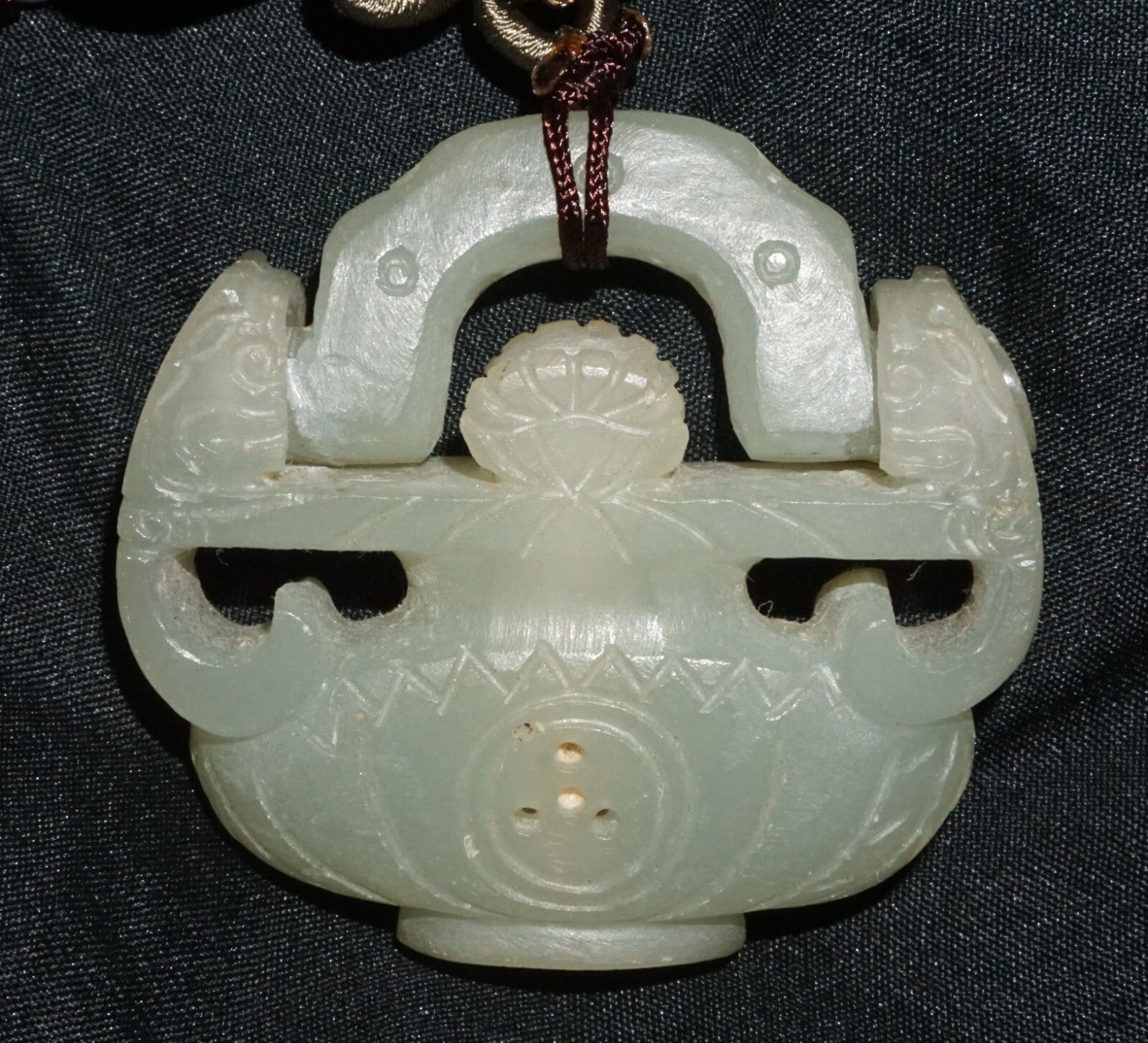 Vintage Chinese Nephrite Jade Flower Vase w. Hinged Handle Motif Pendant  (---)