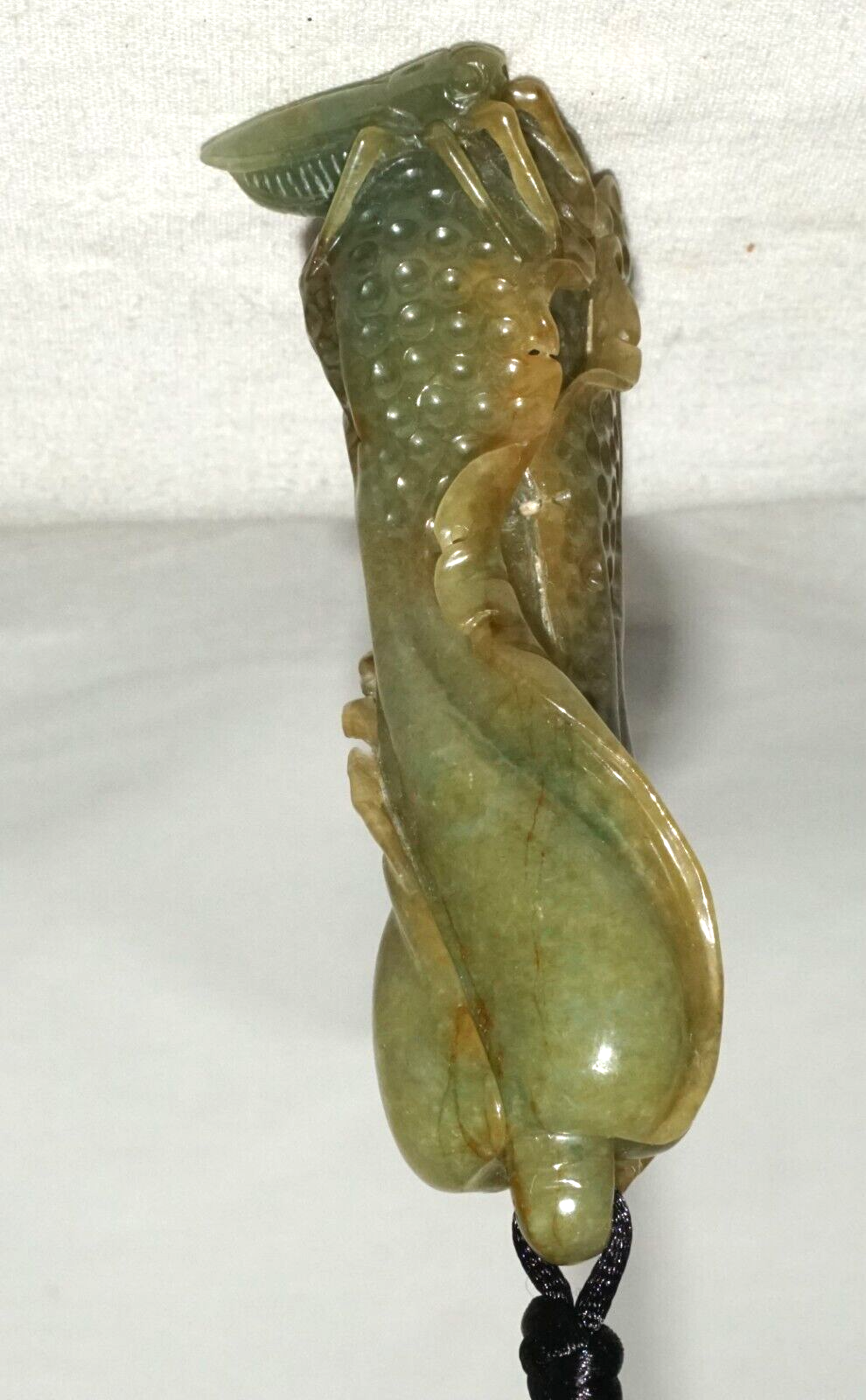Vintage Chinese Green Jade Cabbage & Bug Motif Large Carved Pendant  (LeS)L20