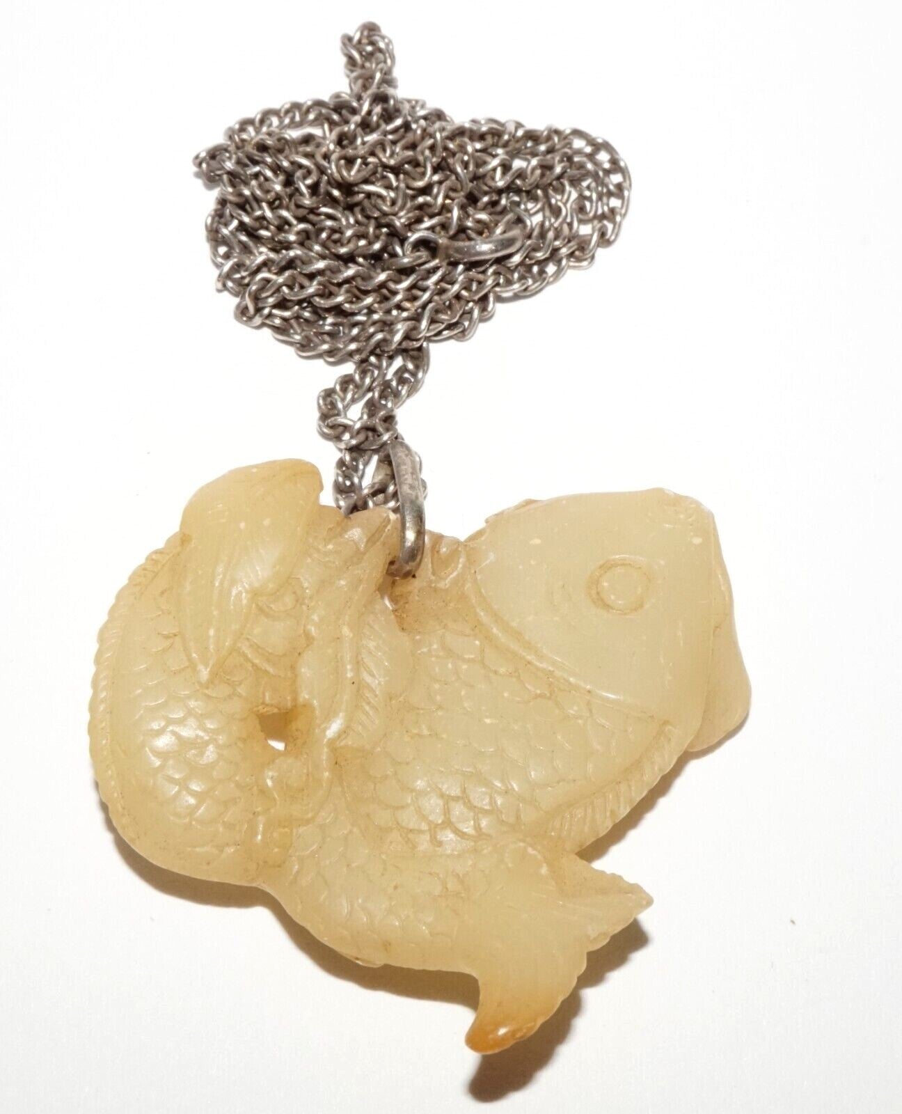 Vintage Chinese Yellow Jade Double Carp Motif Pendant w. Silver Chain (LeS) G9