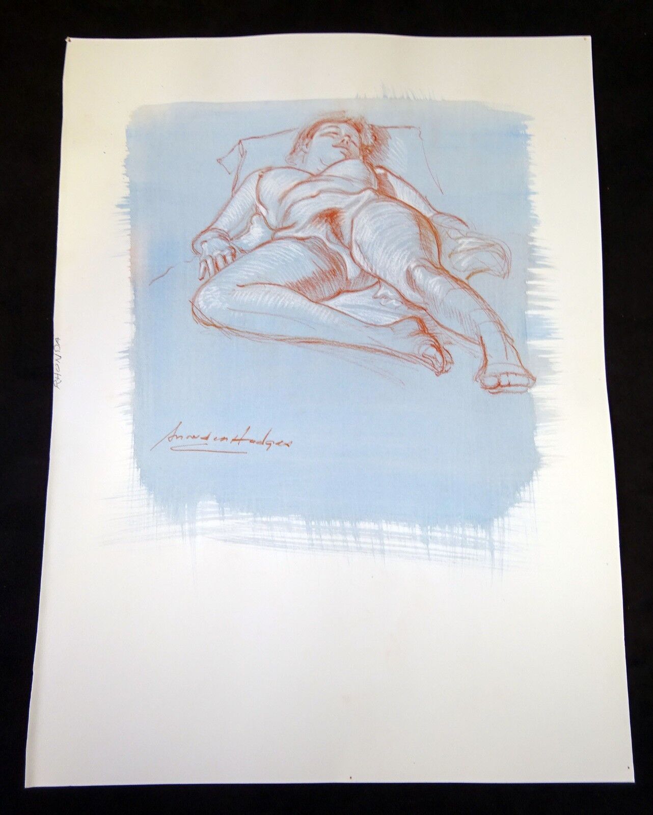 Hawaii Mixed Media Painting Sleeping Nude on Blue Ground by Snowden Hodges (Sho)