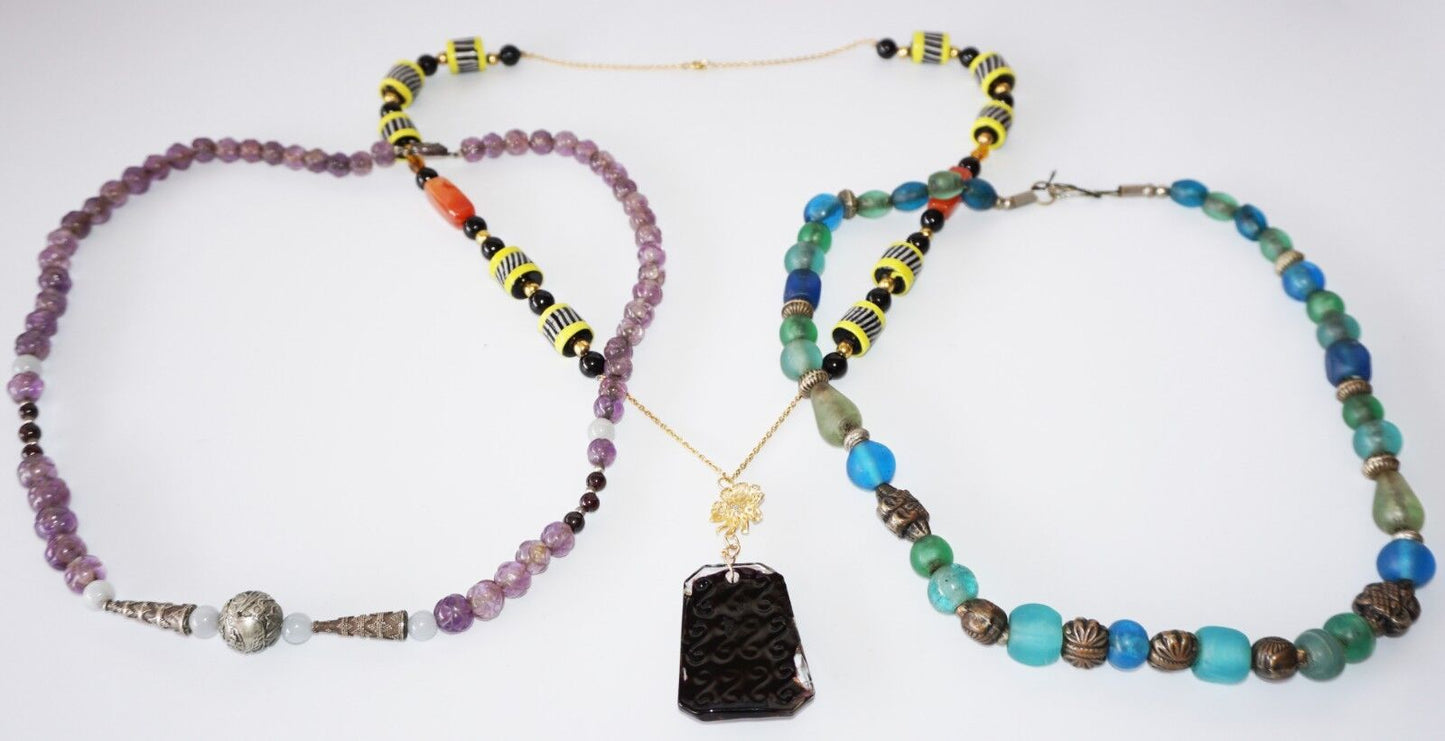 3x Mixed Bead Necklaces w. Amethyst & Glass & Silver by Yasue Yamada (Yam)#7