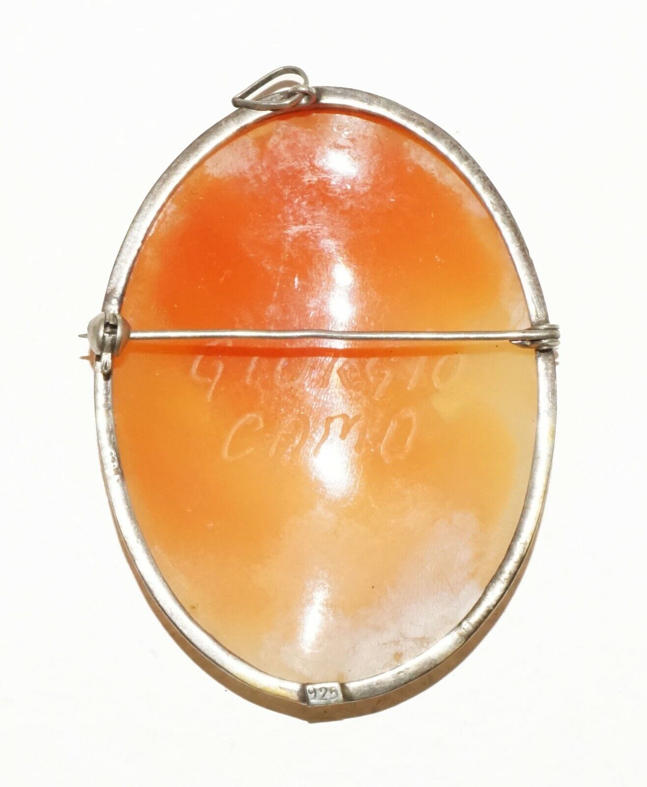 Italian Sterling Silver Shell Cameo Brooch Pendant w. Female by Giorgio (BrM)#9