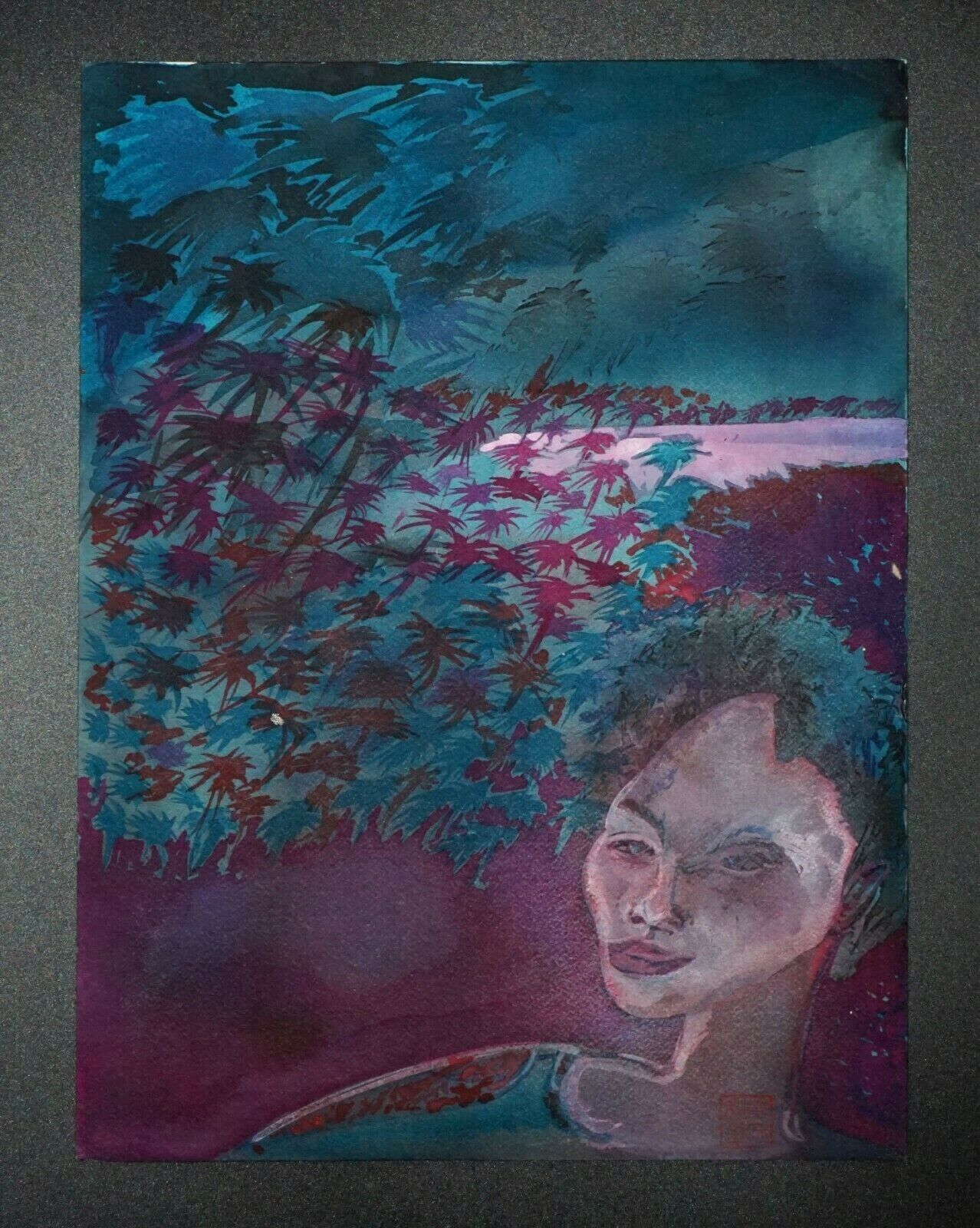 France Hawaii Outsider Art WC Painting Windy Night Beach Claude Vedel (EtJ)#69
