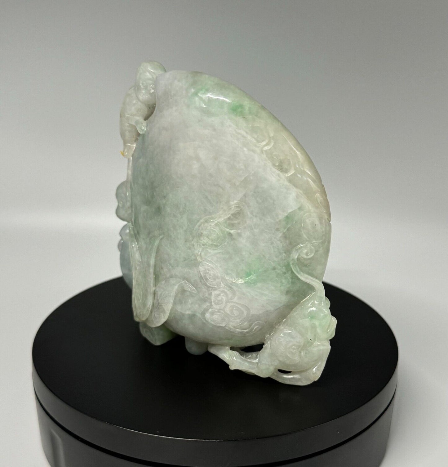Vintage Chinese Off White Jadeite Carving a Peach w Playful Monkeys (InS)63
