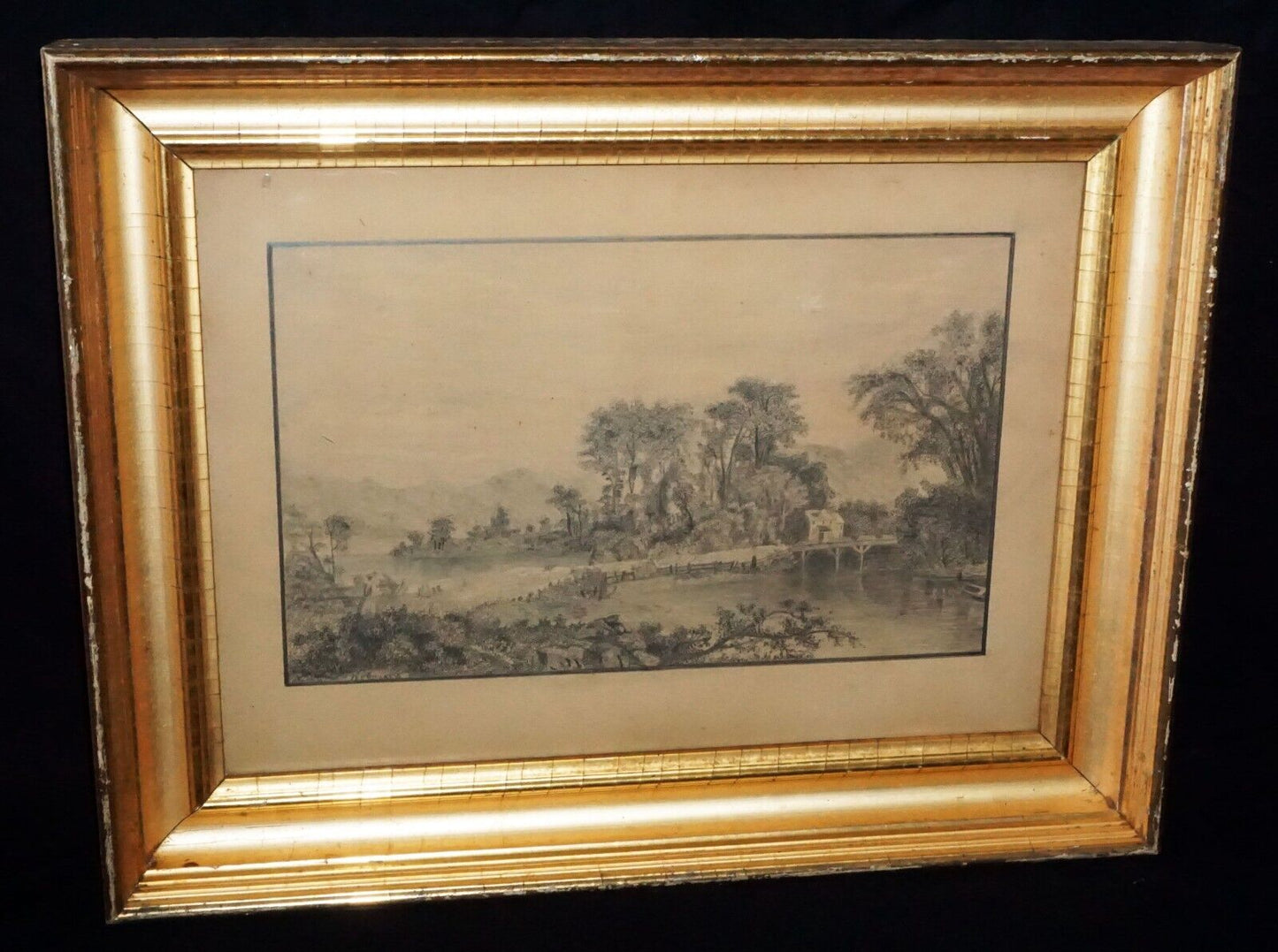 1883 US Gilt Framed Pencil Drawing Landscape w. Figure by A.W. (New)