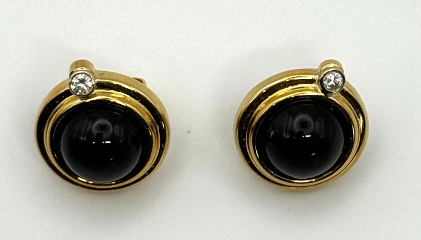 Vintage 18k Yellow Gold Onyx & Diamond Button Earrings (KnK)