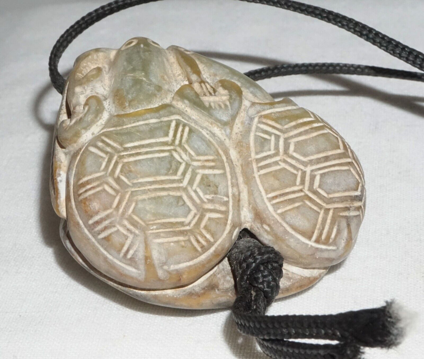 Vintage Chinese Steatite Carved Pendant w. Double Turtle Motif on Cord (InS)