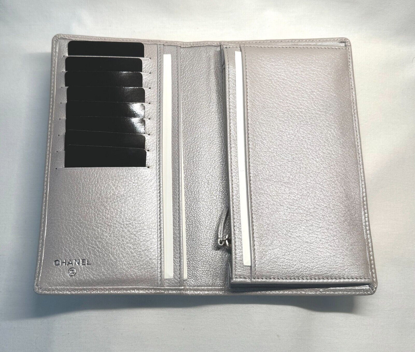 Chanel Camellia Silver Bifold Lambskin Wallet w Box, Inserts, Dust Cloth (InS)67