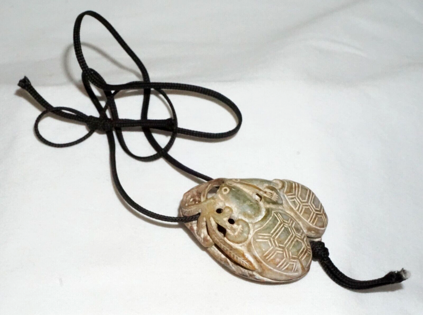 Vintage Chinese Steatite Carved Pendant w. Double Turtle Motif on Cord (InS)