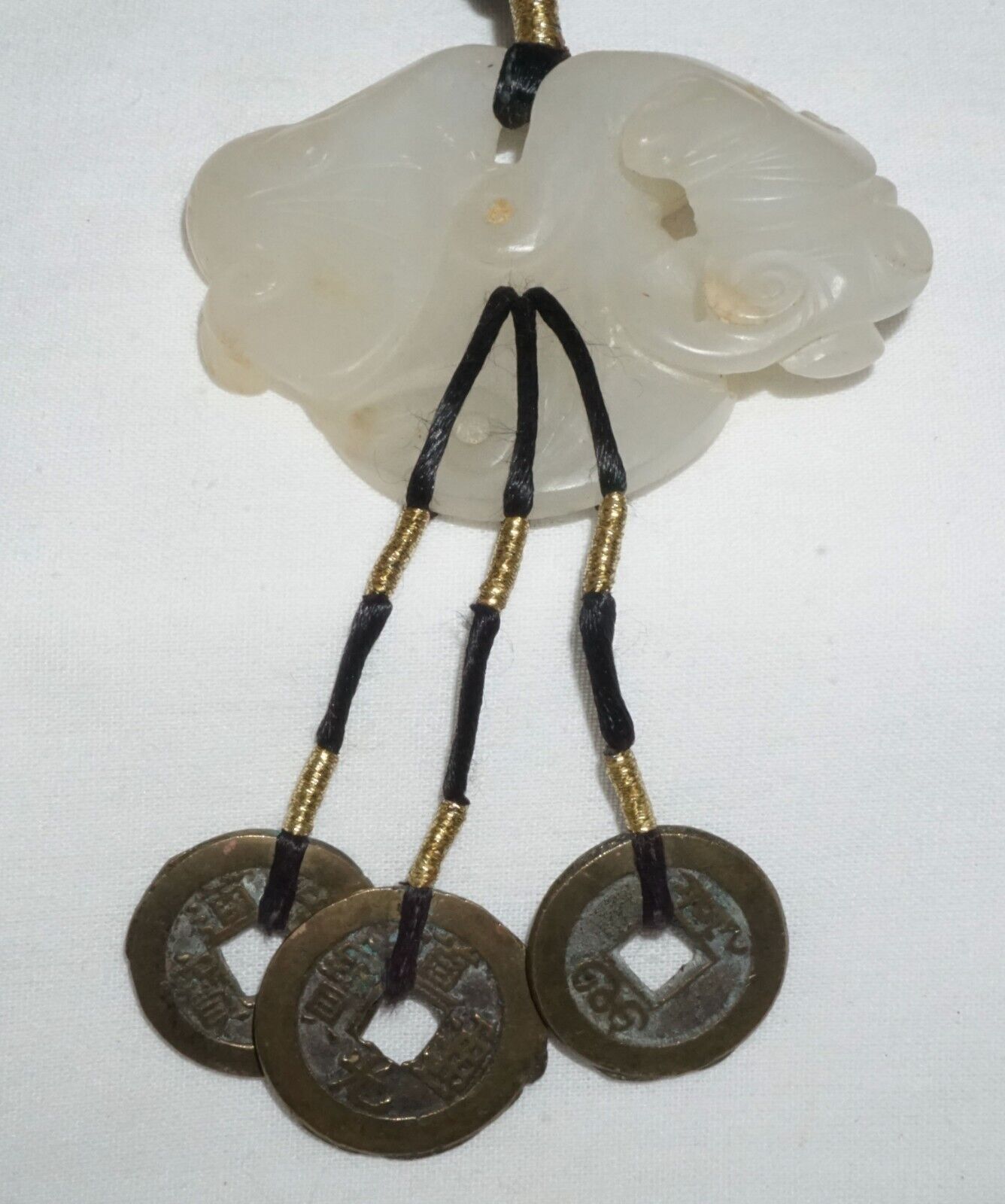19C Chinese Nephrite Jade Pendant w. Bat & Coin Motif on Cord Necklace (FeL)