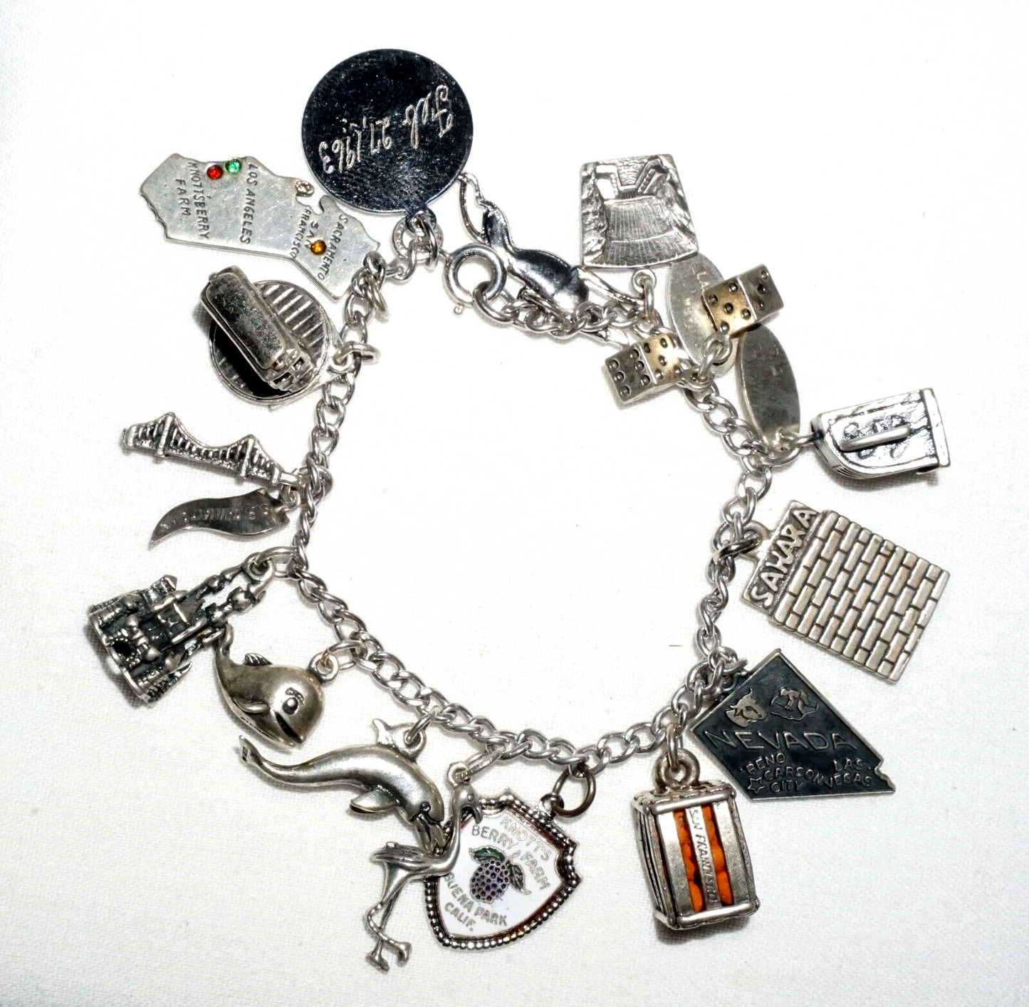 Vintage Sterling Silver Charm Bracelet w. 16x Travel & City Charms (BrM)#6