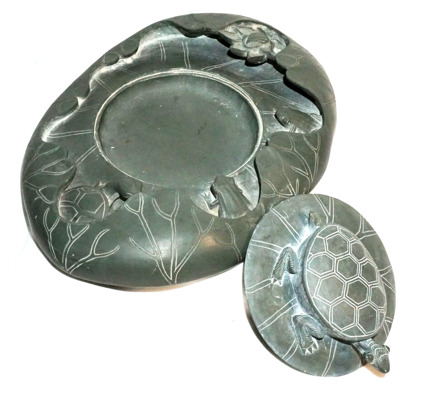 Chinese Large Slate Carving Ink Stone Scholars Desk Tortoise & Toad Motif (ChT)