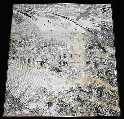 HAWAII ABSTRACT GRAPHITE PAINTING "CRANES FLYING over PALACE" by JEFF DUNN (BTG)
