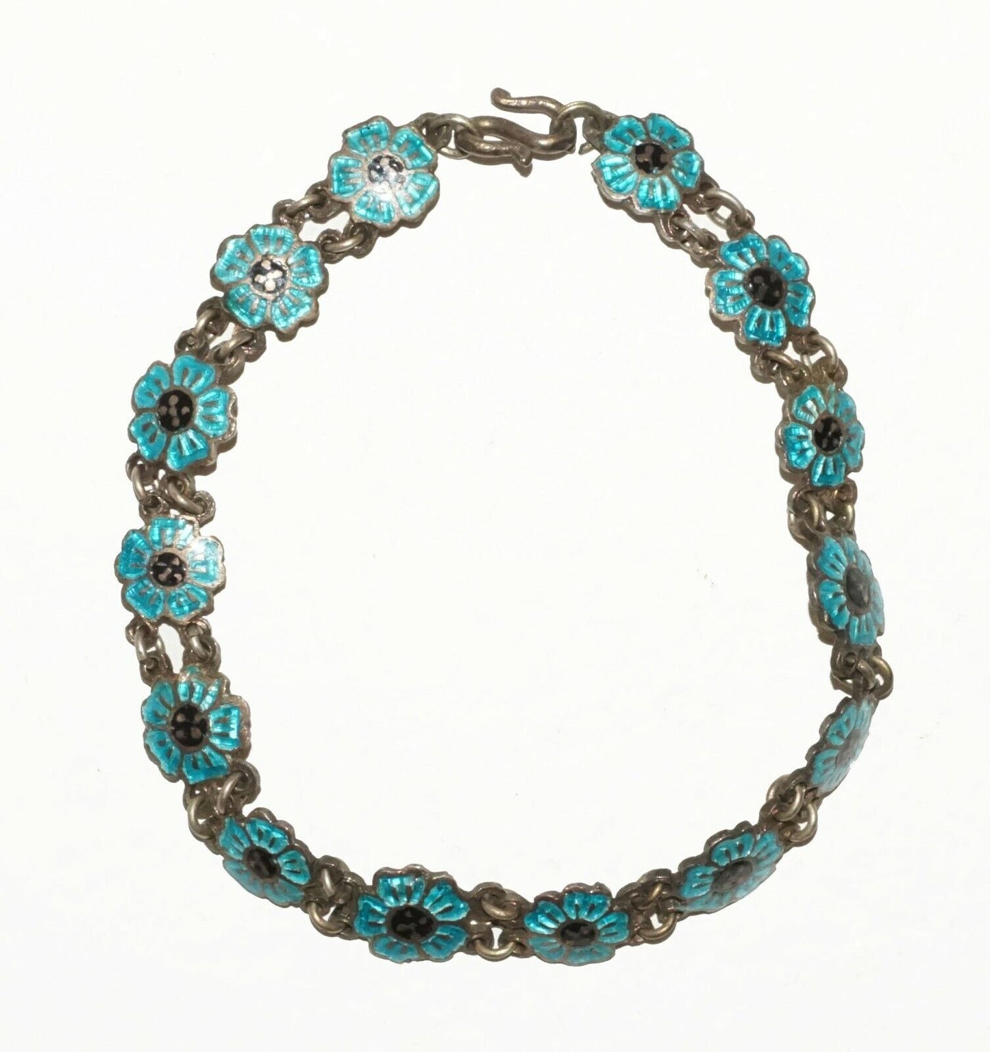 Chinese Brass & Blue Enamel Flower Motif Link Bracelet (BrM)#6