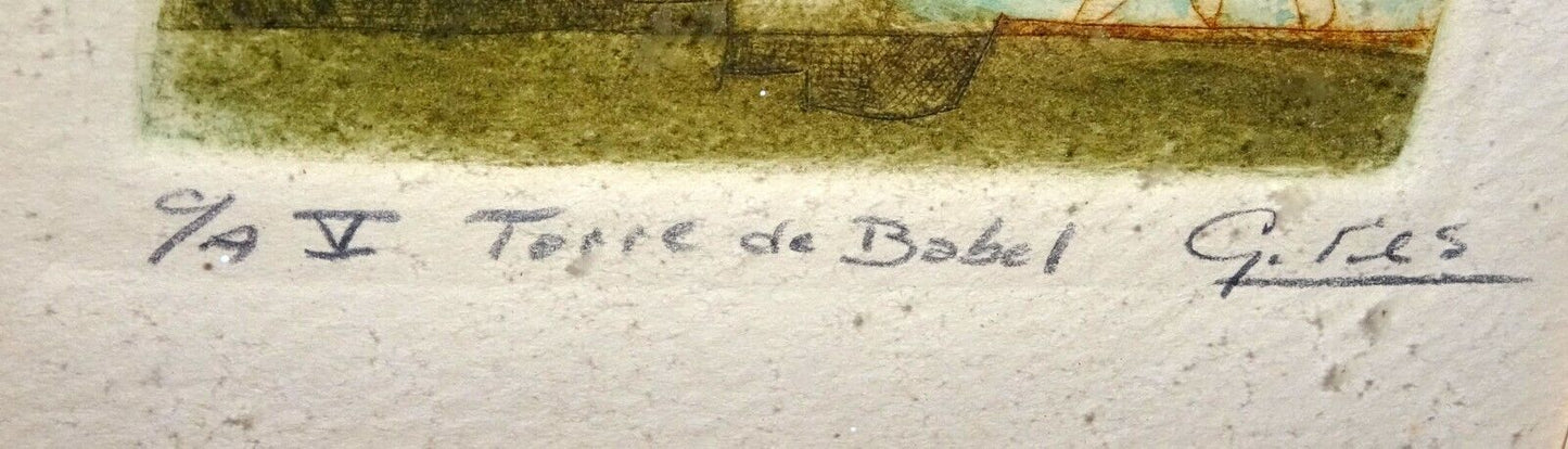 Vintage Spanish Abstract Etching Print "Torre de Babel" by G. Res (CuM)