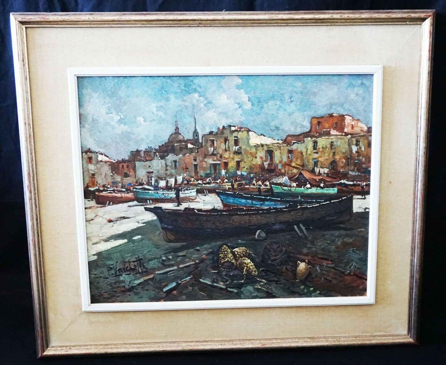 Italian Oil Painting "Fishing Village & Beached Boats" by P. Varchetta (FeO)