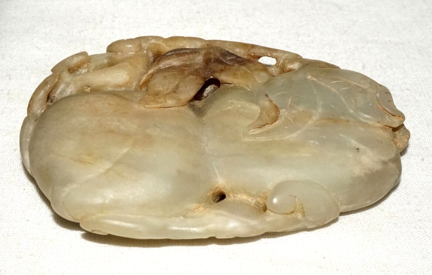 Antique Chinese Large Jade Carving Double Peaches & Double Bat Motif (Les)L21