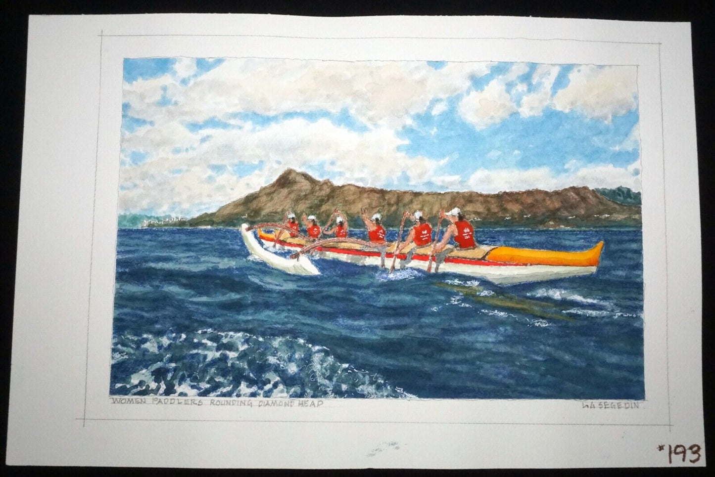 Hawaii Watercolor Painting Woman Paddlers Rounding Diamond Head L. Segedin #193
